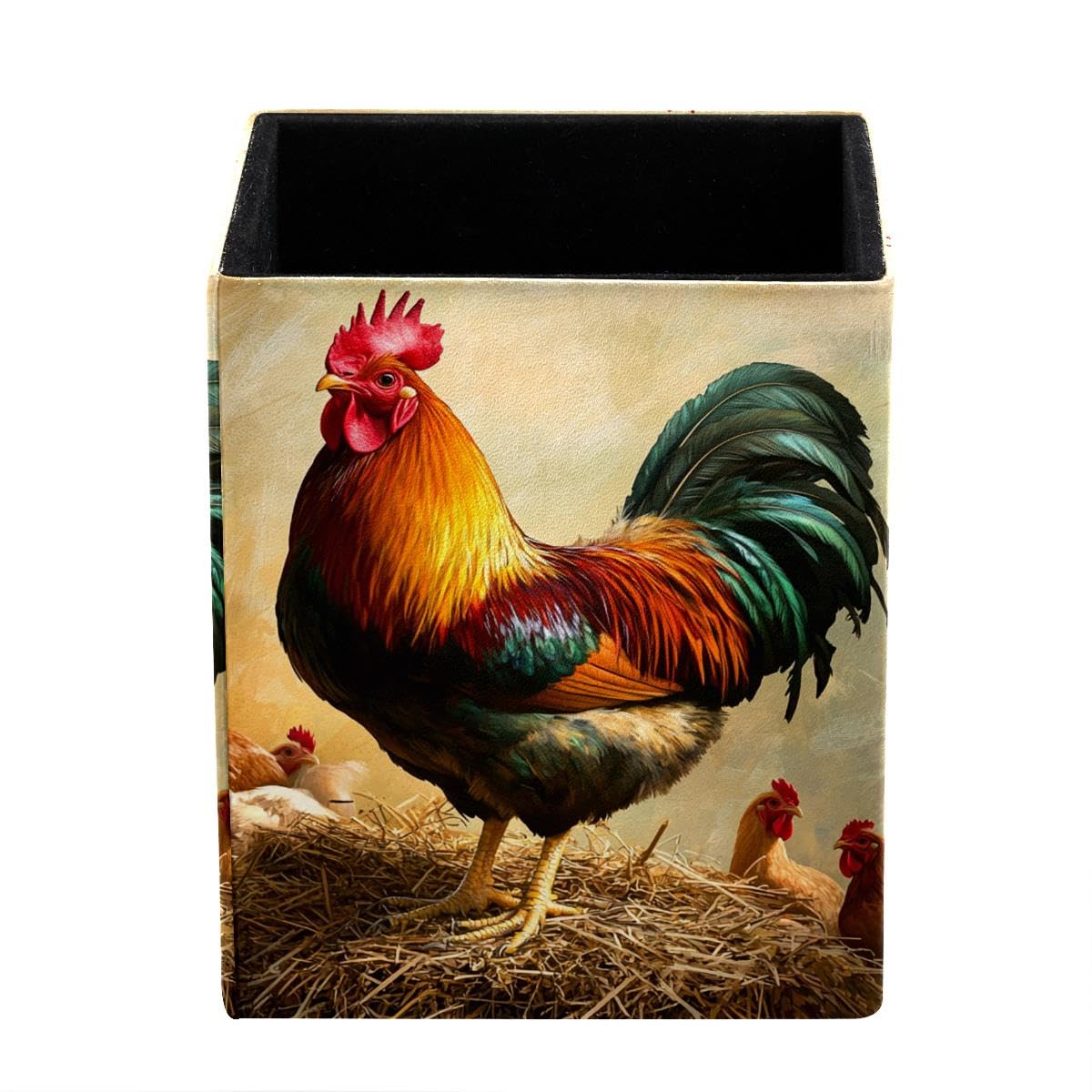HEOEH Rooster Pen Holder Pen Pot, Square Pencil Cup for Desk