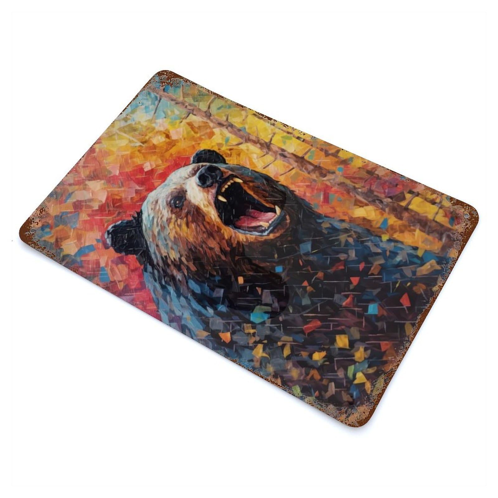Roaring Bear Painting Distressed Metal Wall Sign 11.8"x7.9", for Farmhouse, Kitchen And Entryway Decor, Rustic Home Decor