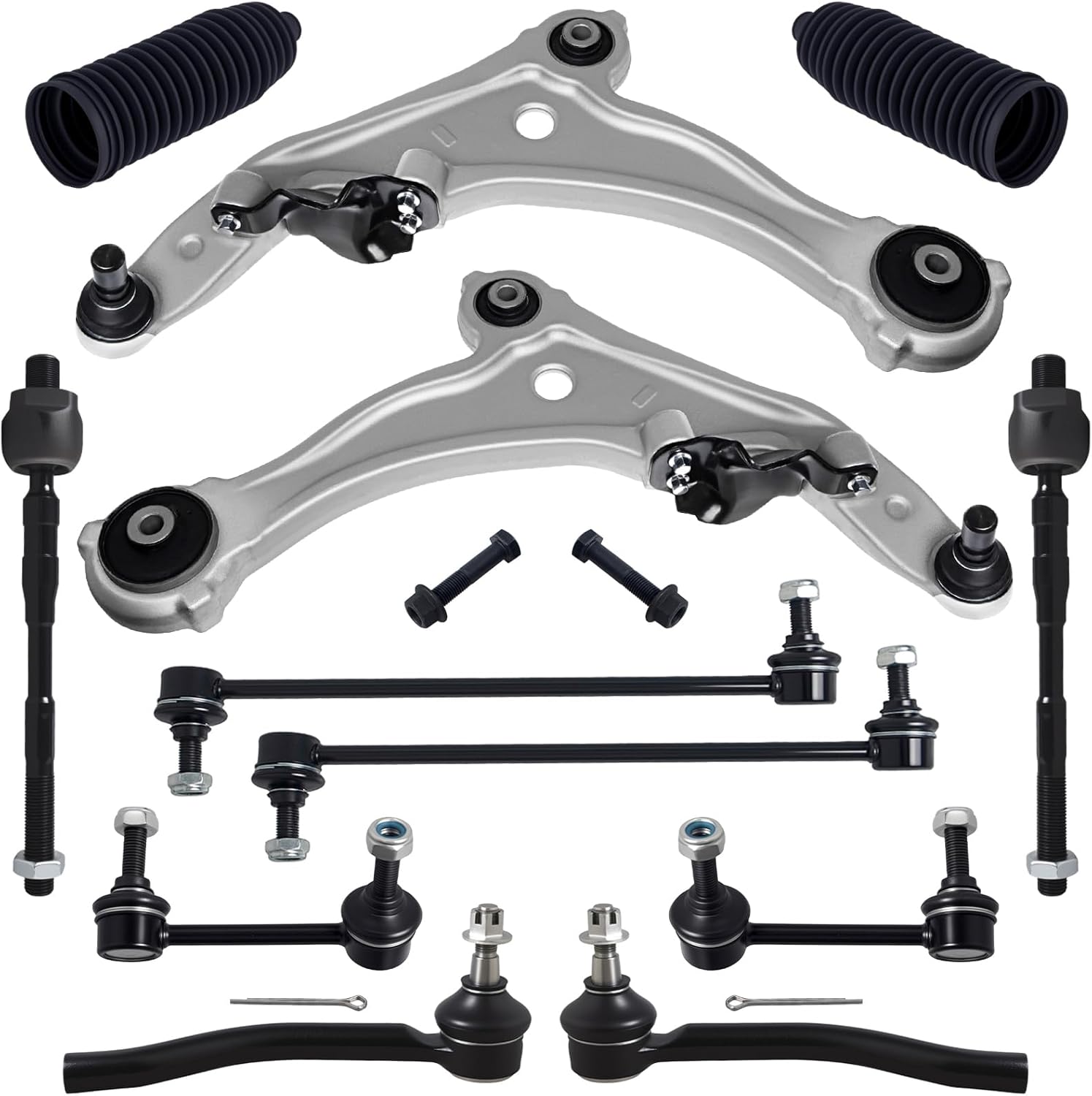 TUCAREST 12Pc Suspension Kit Fit For 2009-2014 Ni-ssan Maxima, 2 Front Lower Control Arm w/Ball Joint + 4 Sway Bar Link + 4 Outer Inner Tie Rod + 2 Boots [# K622054 K750783 EV800770 ES800357 K750255]
