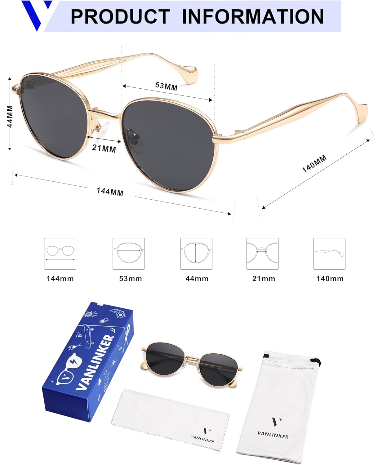 VANLINKER Small Polarized Sunglasses for Women Men Retro Round Metal Frame Classic Hippie Circle Shades VL9880 - Image 5