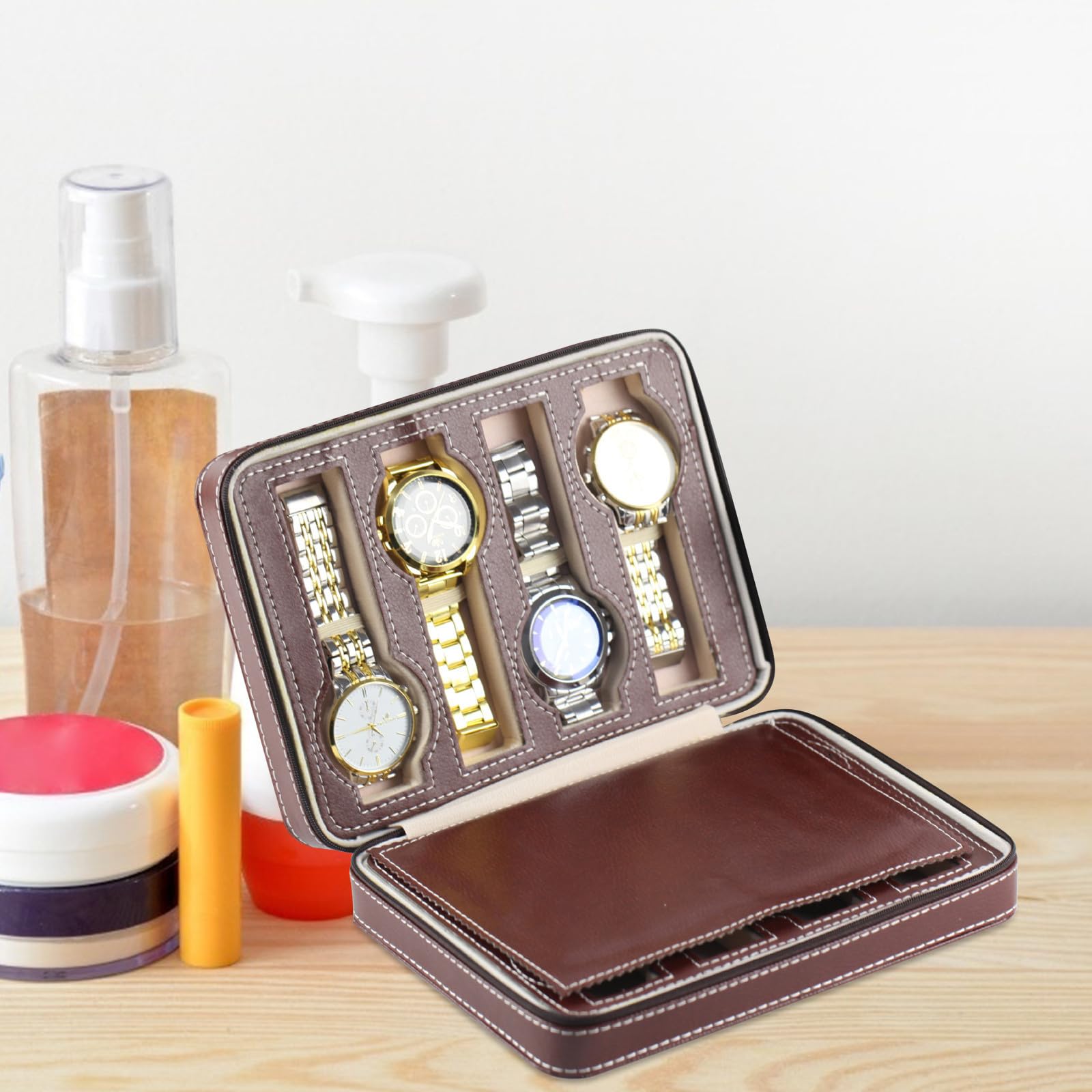 Bolsa de Almacenamiento para Relojes 8 Ranuras de Cuero y Tela, Diseño Delicado y Portátil, Adecuado Hogar Tienda