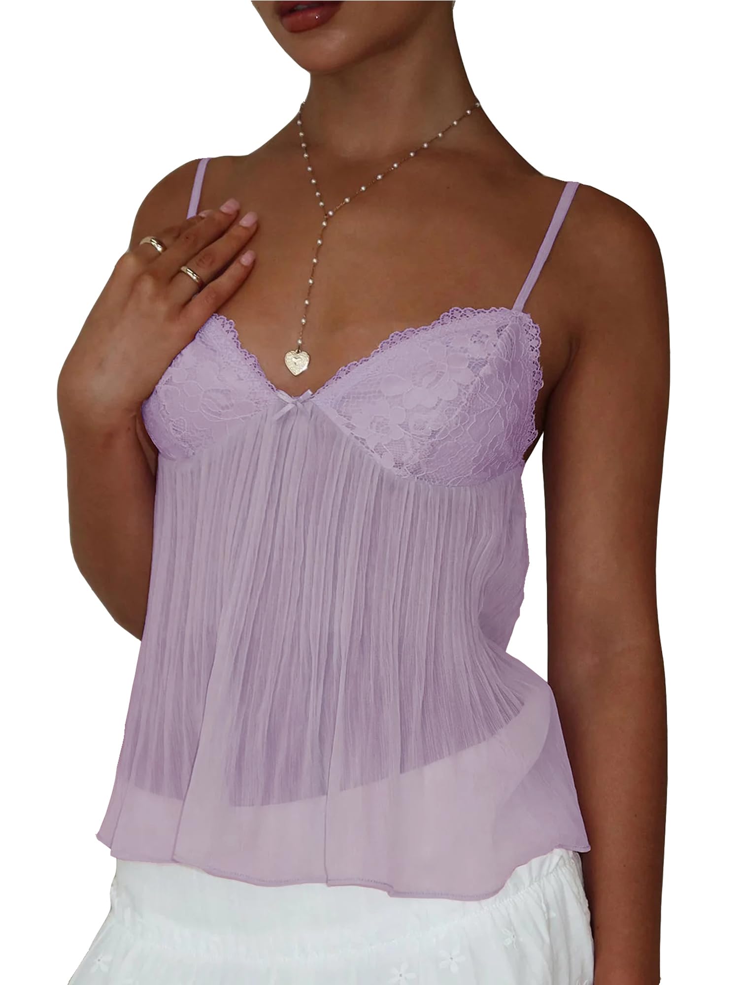 Women Spaghetti Strap Camisoles Sheer Pleated Peplum Crop Tank Tops Lace Trim V-Neck Cami Tops Sleeveless Backless Summer Vests (Purple, M)
