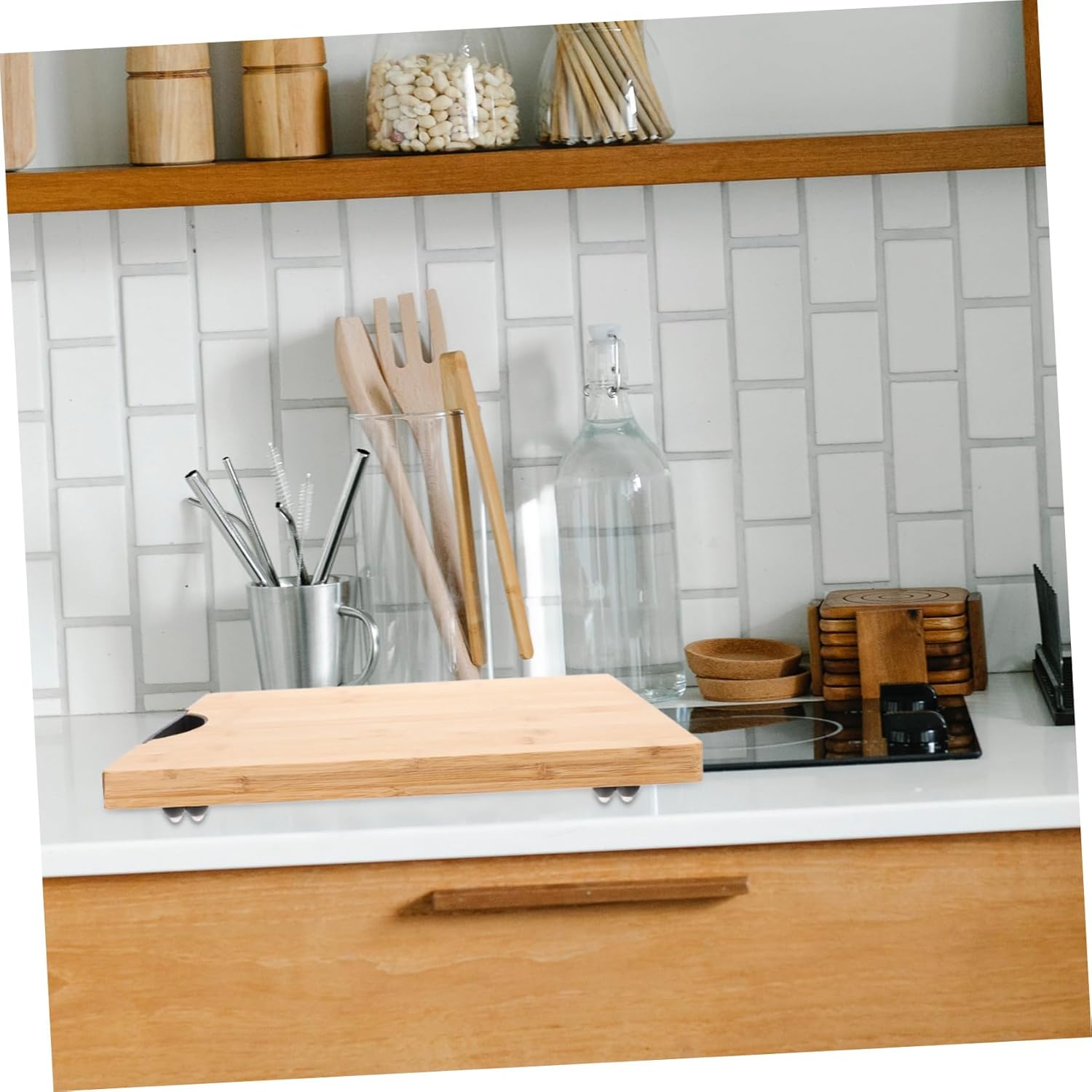 Mobestech Sliding Tray for Coffee Maker Kitchen Counter Appliance Organizer Bamboo Material Easy Access Multifunctional Office Supply Holder