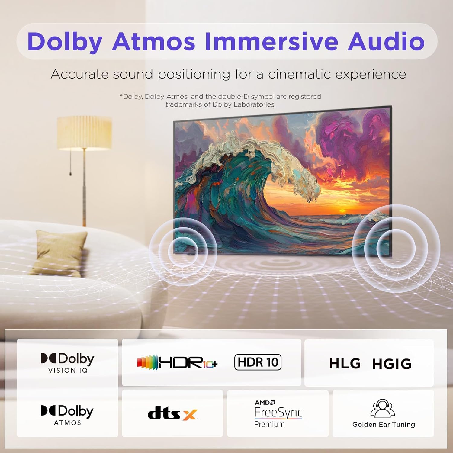 Dolby Atmos immersive audio setup with sound waves emanating from the TV, showing Dolby Vision IQ and Dolby Atmos logos.