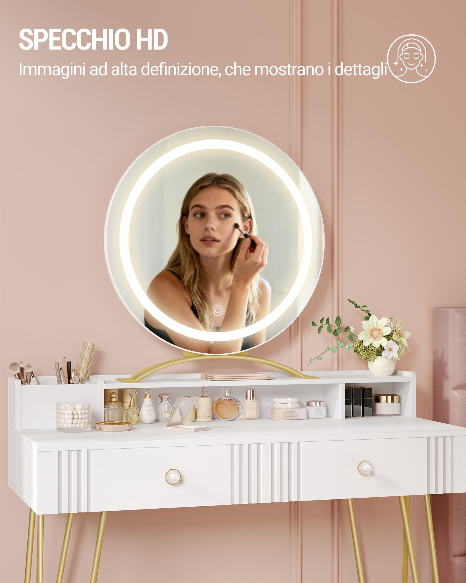 Hzuaneri toeletta trucco con Sgabello e Illuminazione, toeletta da trucco con specchio, Sgabello imbottito rosa, con Cassetti, 40 x 90 x 140 cm, Bianco Opaco e Oro DT42403XEU