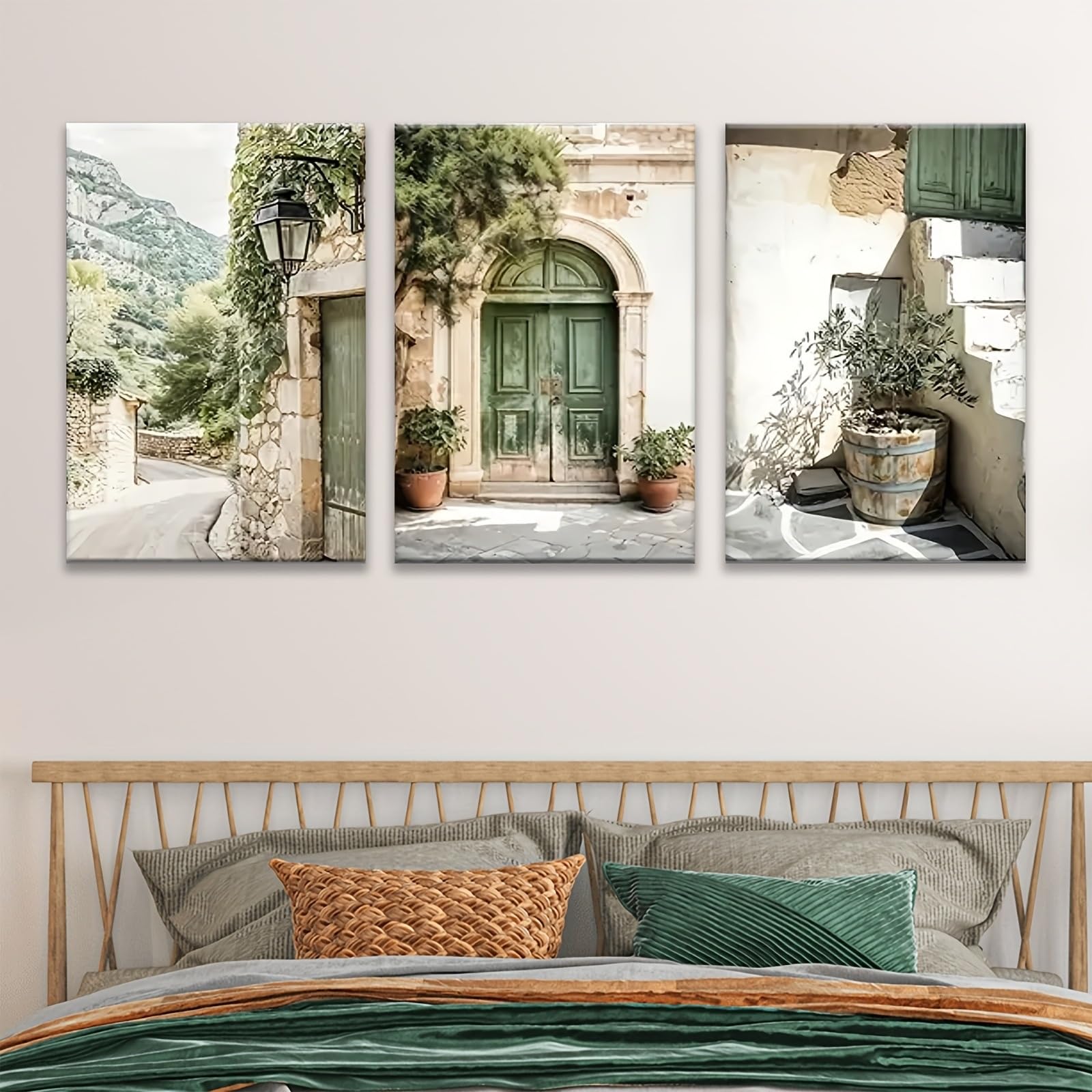 JORCEDI Mediterranean Canvas Wall Art Set of 3, Tuscany Italian Coastal Green Door Posters Prints, Vintage Rustic Living Room Decor, 21x30-50x70cm, Unframed (30x40 cm,A)