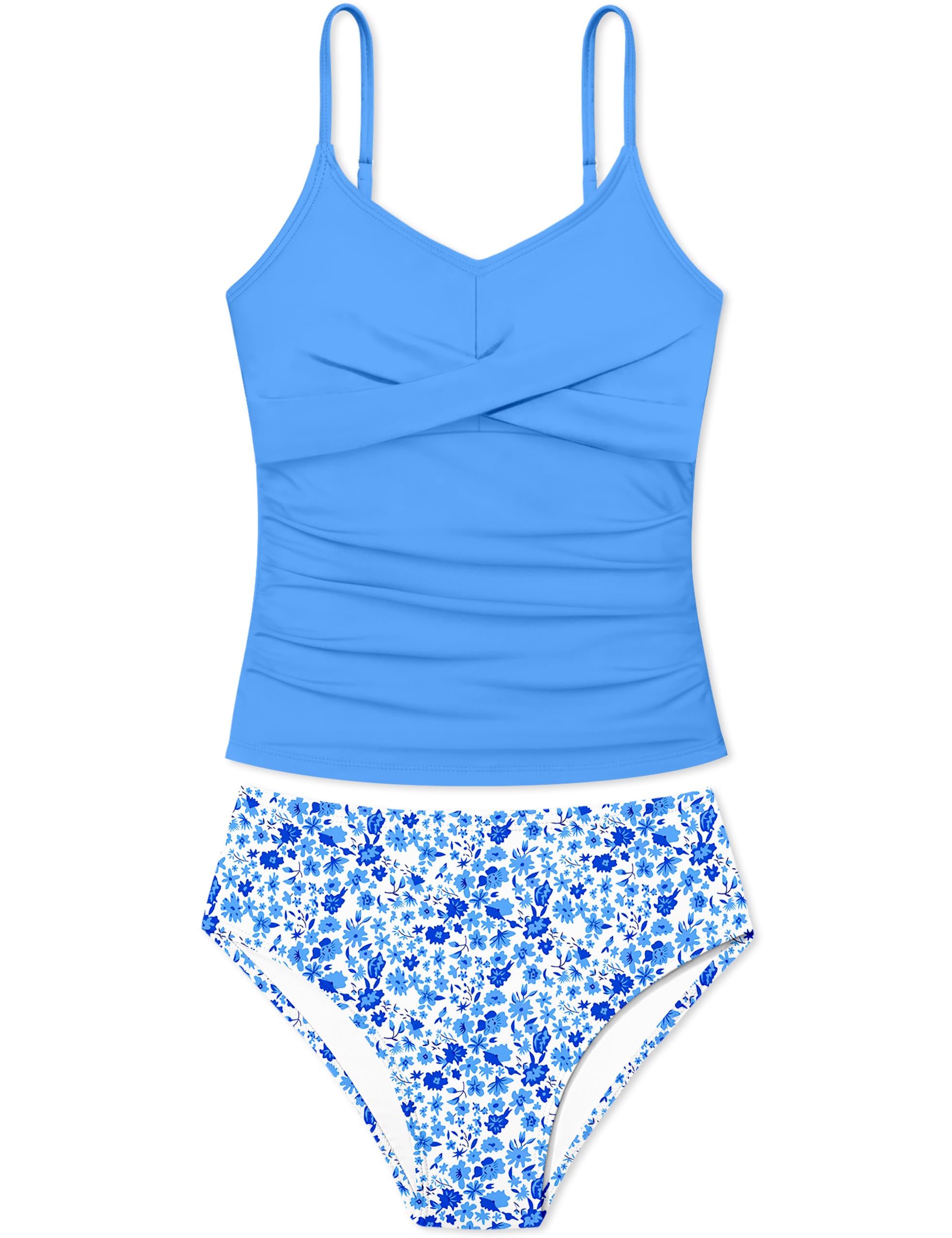Girls Swimsuit 2 Piece Bathing Suit Criss Cross Ruched Girl Tankini Sets Printed Girls' Swimwear for 9-18 Years