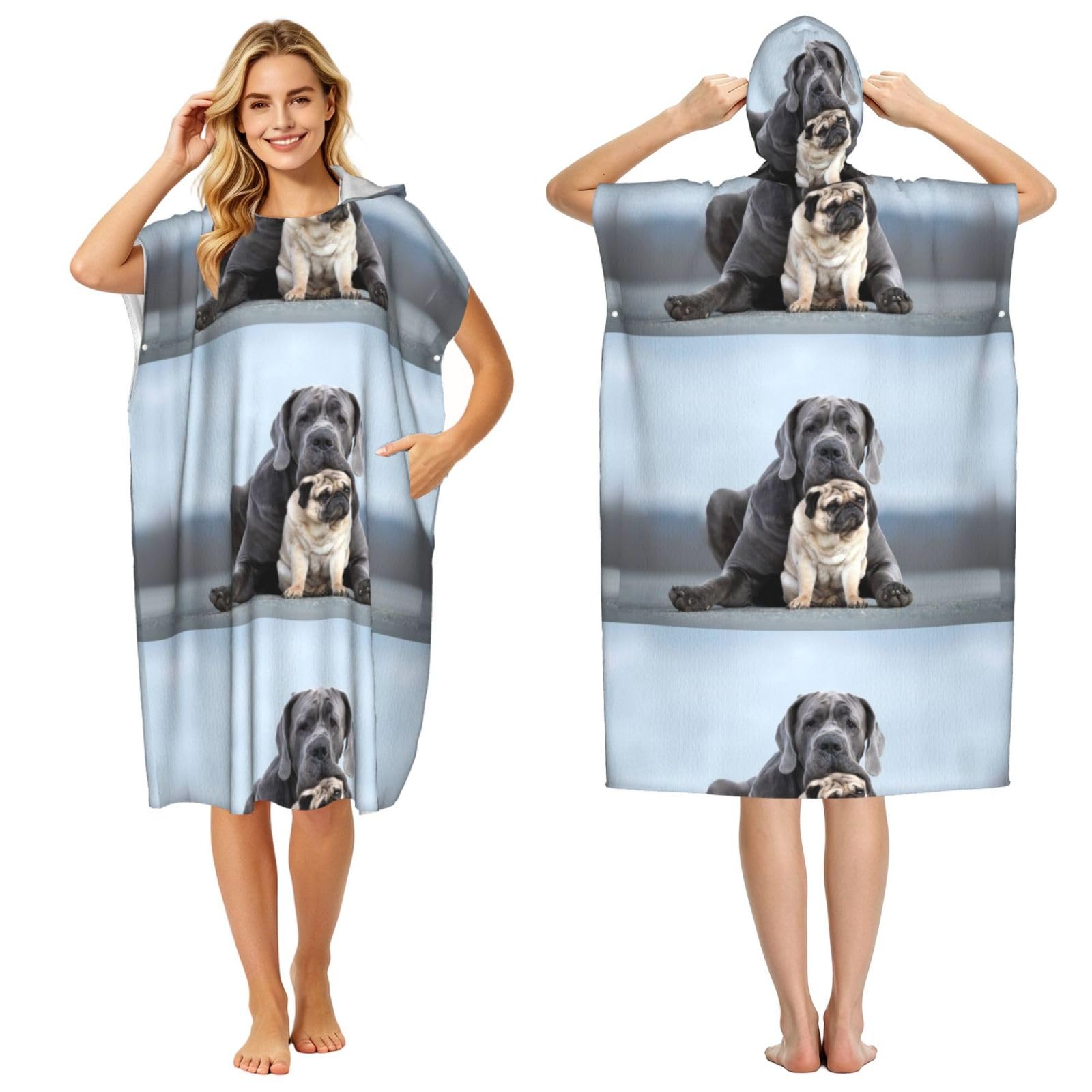 Poadnly Cane Corso Dogs Pug Friendship Concepts, Adult Hooded Beach Towel 90 x 110 cm,Changing Bath Robe, Surf Poncho Towel For Women Men