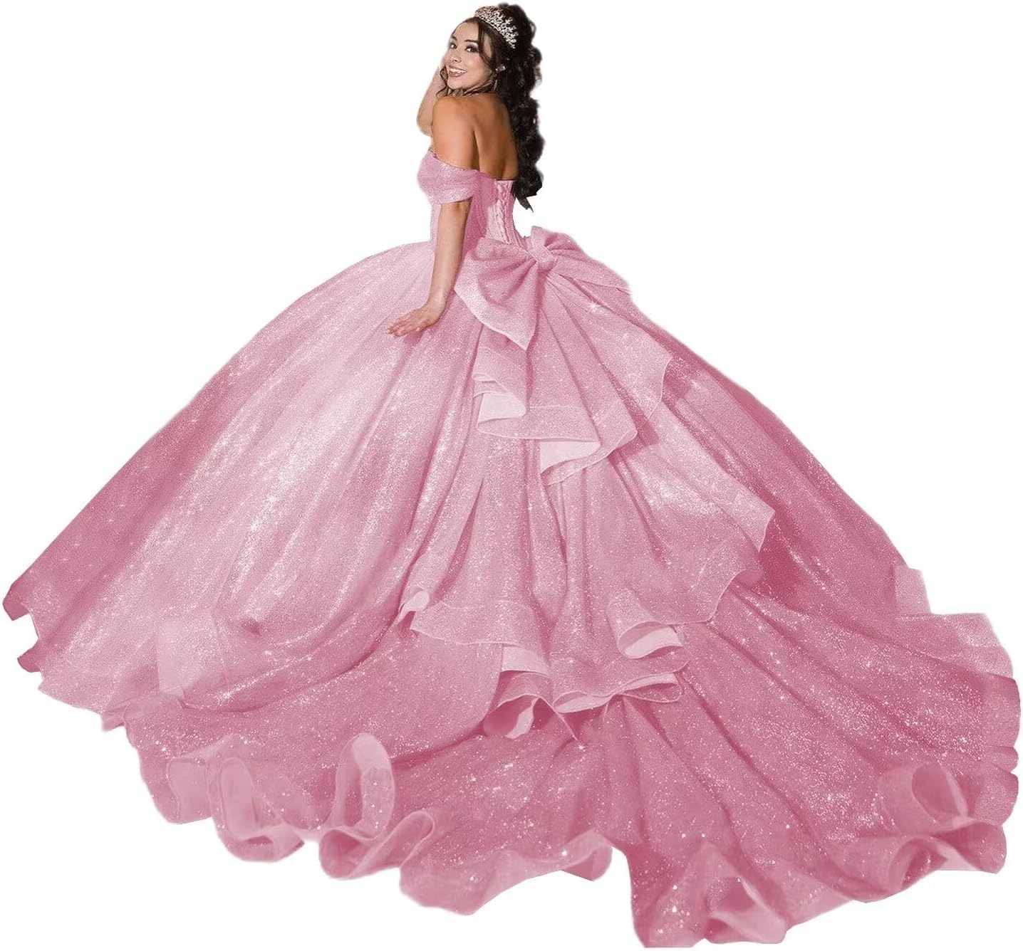 Yifanier Sparkly Tulle Quinceanera Dresses with Bow Off Shoulder Tulle Quinceanera Dresses Sweet 16 Dresses with TrainMT013