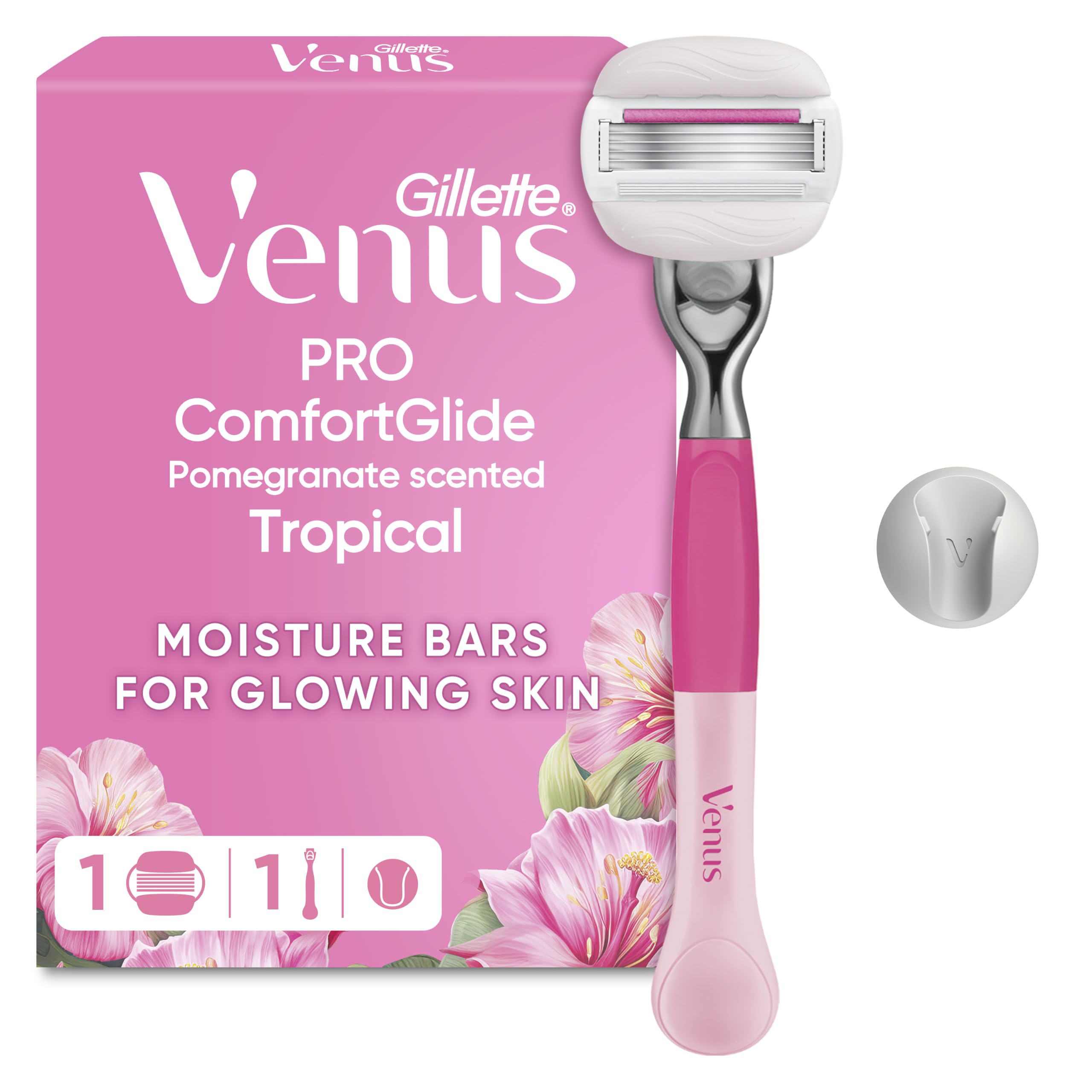 Gillette Venus Pro ComfortGlide Pomegranate Scented Tropical Razor  1 Razor Blade & Shower Hook