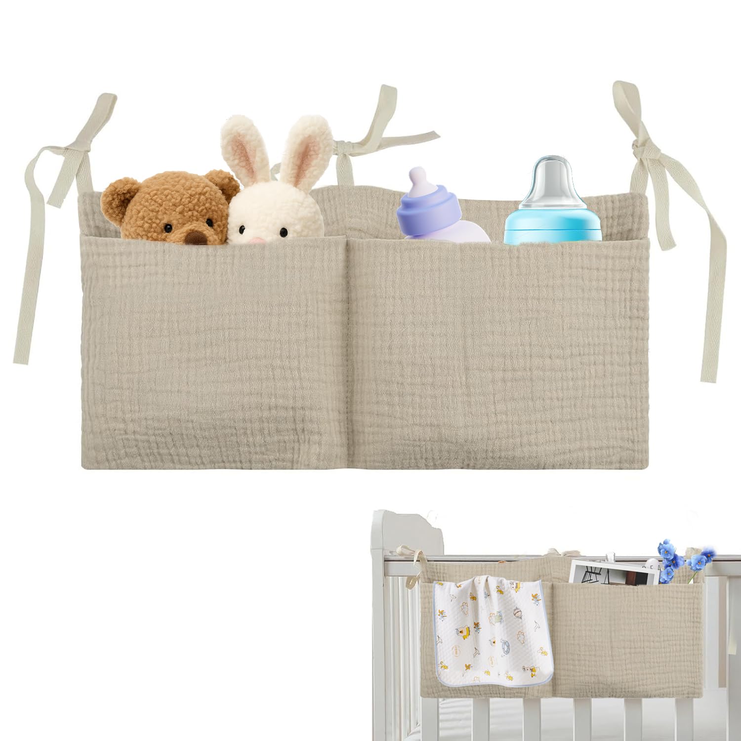 Hängetasche für Kinderbett, Organizer für Kinderzimmer, Aufbewahrungstaschen, 2 Taschen, Aufbewahrungstasche zum Aufhängen für Bett, zur Aufbewahrung von Kleidung, Windeln, Spielzeug, Khaki