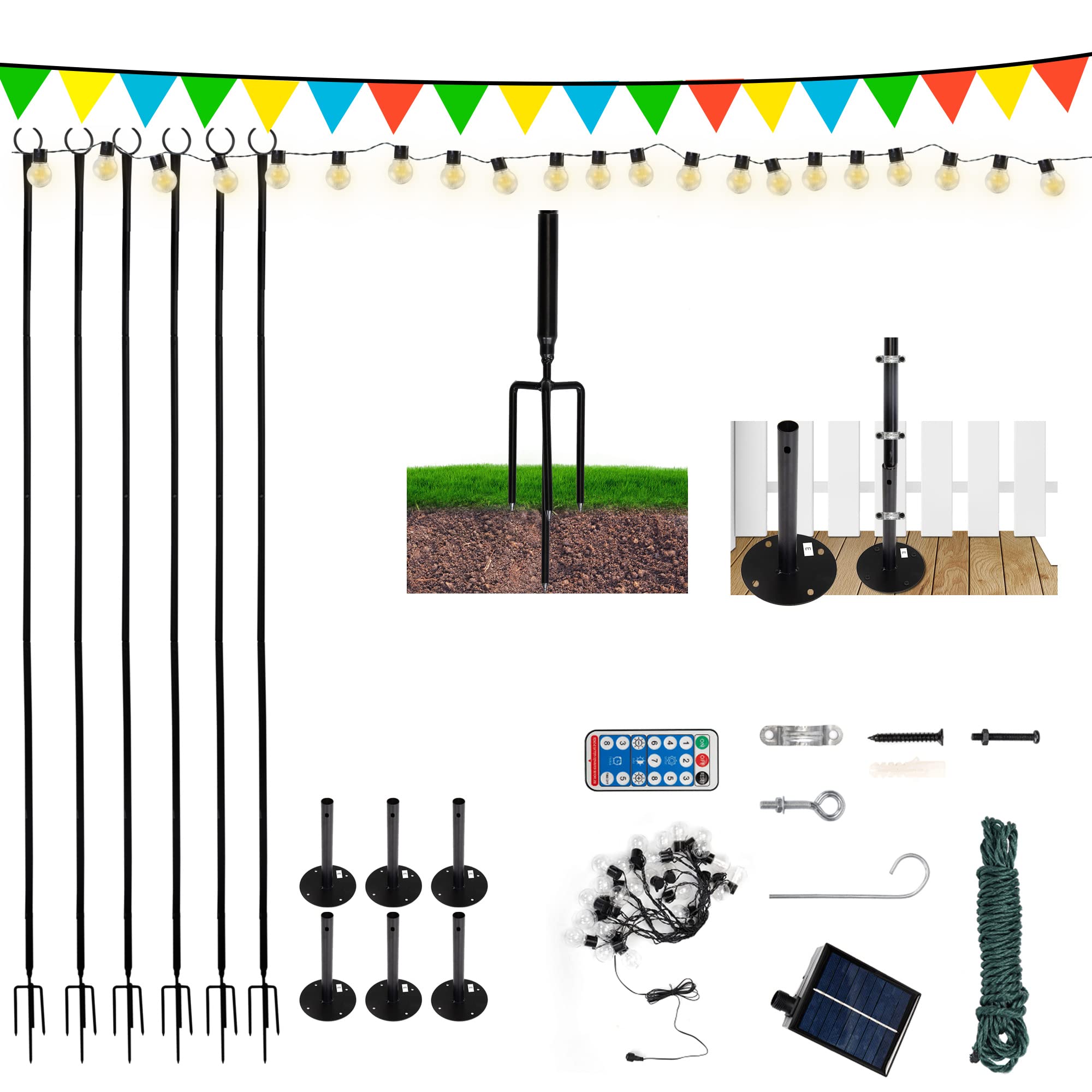 Sandinrayli Outdoor String Light Poles,6 Pack Metal Black Poles for Hanging Lights,9ft Patio Poles for String Lights in Your Yard,Create Ambiance with Durable Outdoor Pole Lights