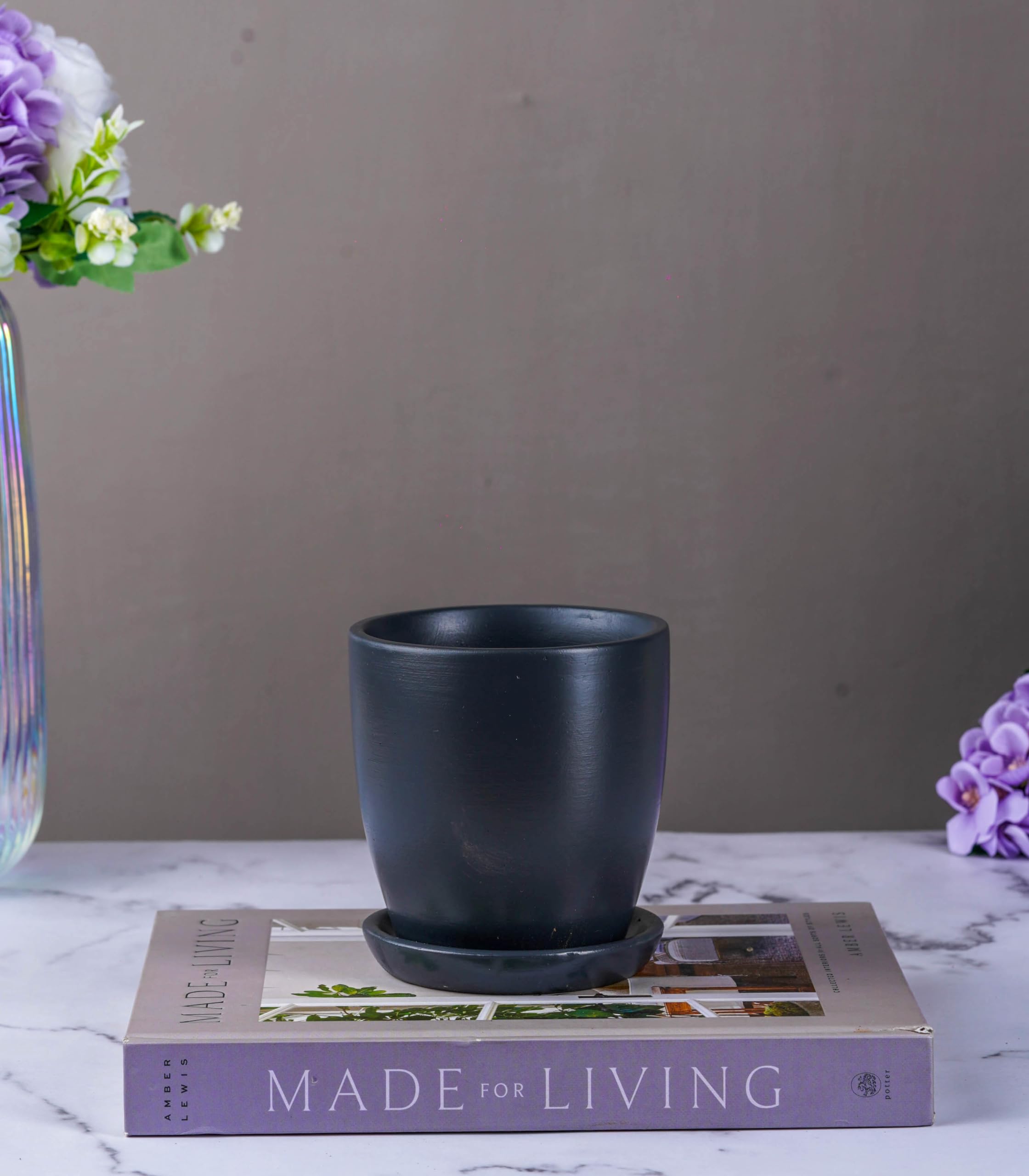 Nurturing Green® Set of 2 Contemporary Charcoal Grey 'Millennial' Ceramic Pots (Plants Not Included) for Home, Indoor Décor & Gifting (Size: 4.25 Wide | Comes with Bottom Plates) - Image 2 thumbnail
