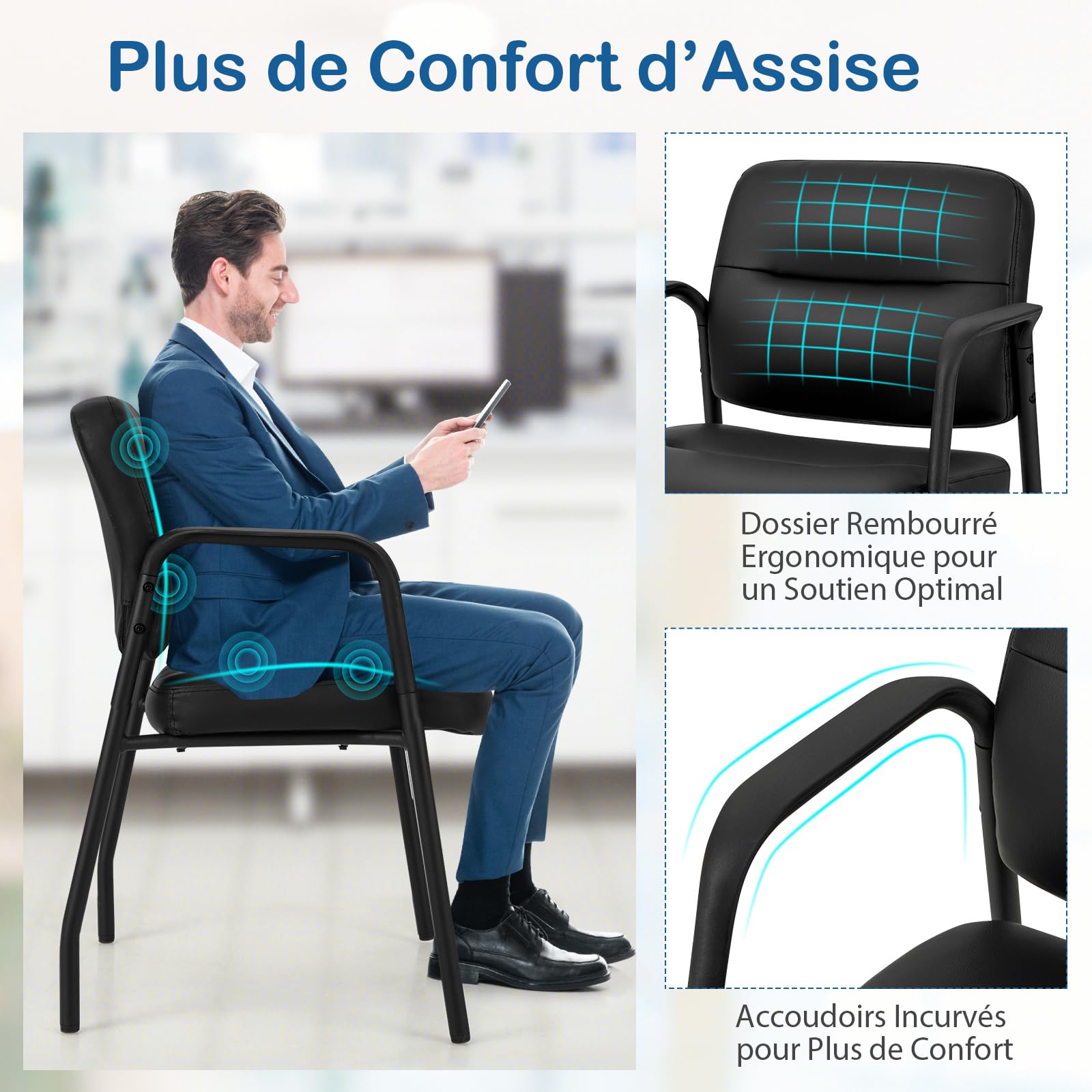 GIANTEX Lot de 2 Chaises de Salle d'attente sans roulettes, Chaises Rembourrées en Cuir PU avec Accoudoirs Intégrés, Ergonomiques, Fauteuil Lecture pour Conférence, Réception, Bureau, Noir