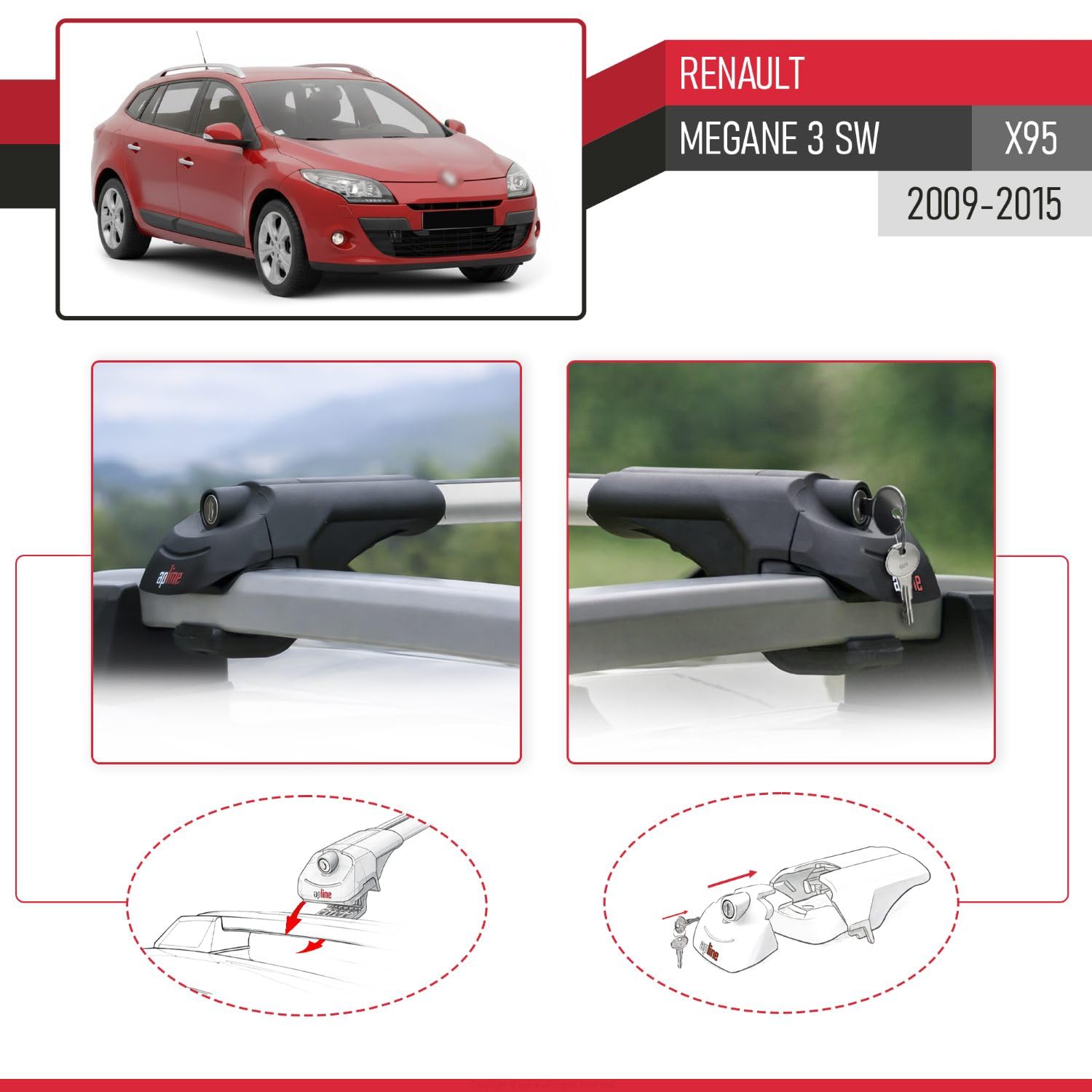 Kompatybilny z Compatible with Renault Megane 3 ST 2009-2015 ACE-1 Model Aluminiowy bagażnik dachowy 2 poprzeczki, szary