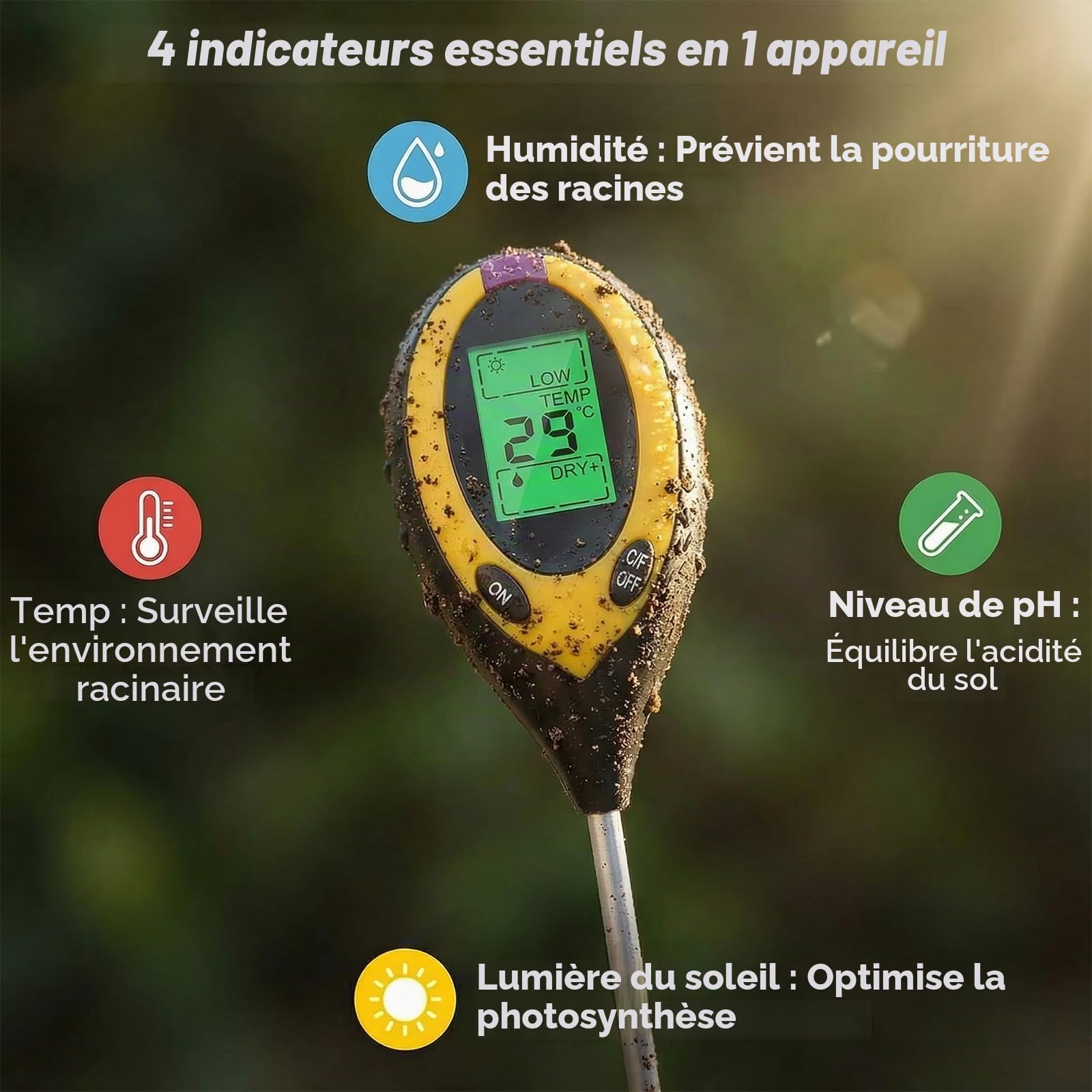 4 en 1 Testeur Ph Sol, 2 Pièces Testeur Humidité Plante, Humidité/PH/Température/Ensoleillement, Testeur Humidité Plante, Concerner Jardins, Fermes, Plantes D'Intérieur et D'extérieur