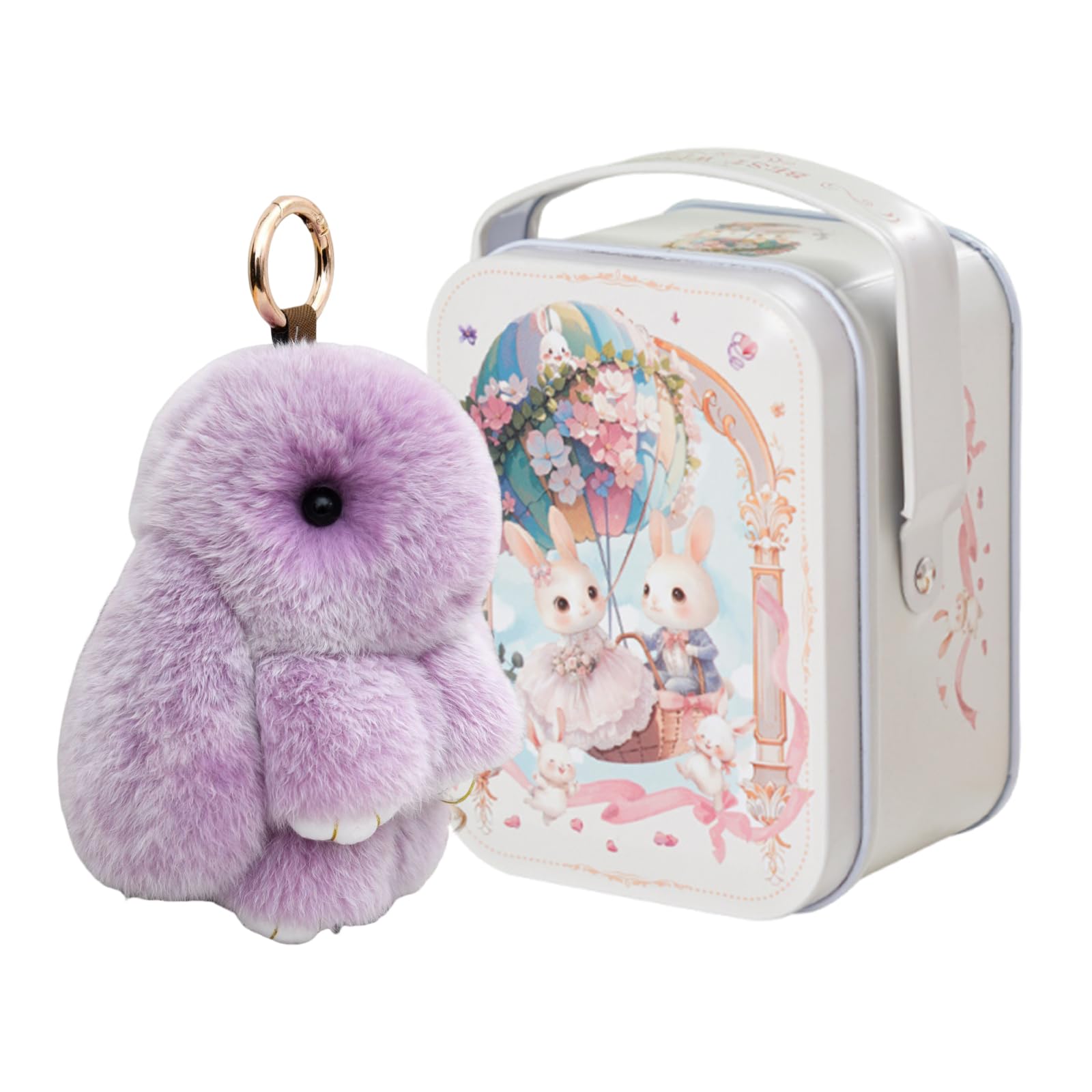 Bunny Lulu Keychain with Tin Box – Soft Plush Rabbit Pendant, Cute Fluffy Trinket, Adorable Key Ring Charm and Handbag Ornament for Women and Girls