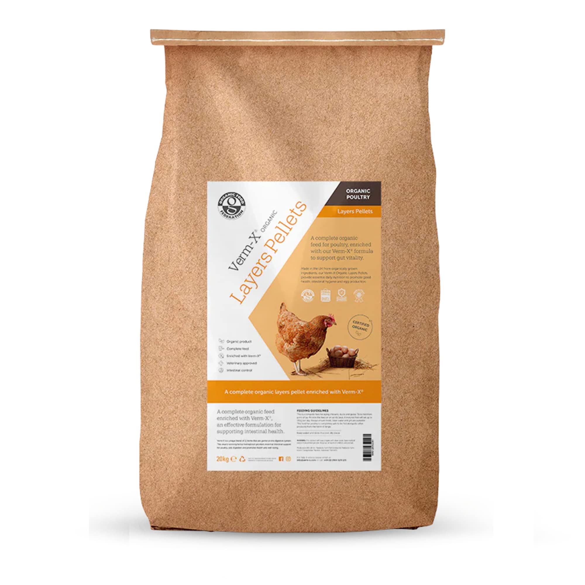 Verm-X Organic Layers Pellets for Poultry, 20kg, Complete Organic Feed for Chickens, Enriched with Verm-X for Gut Health and Intestinal Hygiene, Aids Digestion, 100% Natural Brown