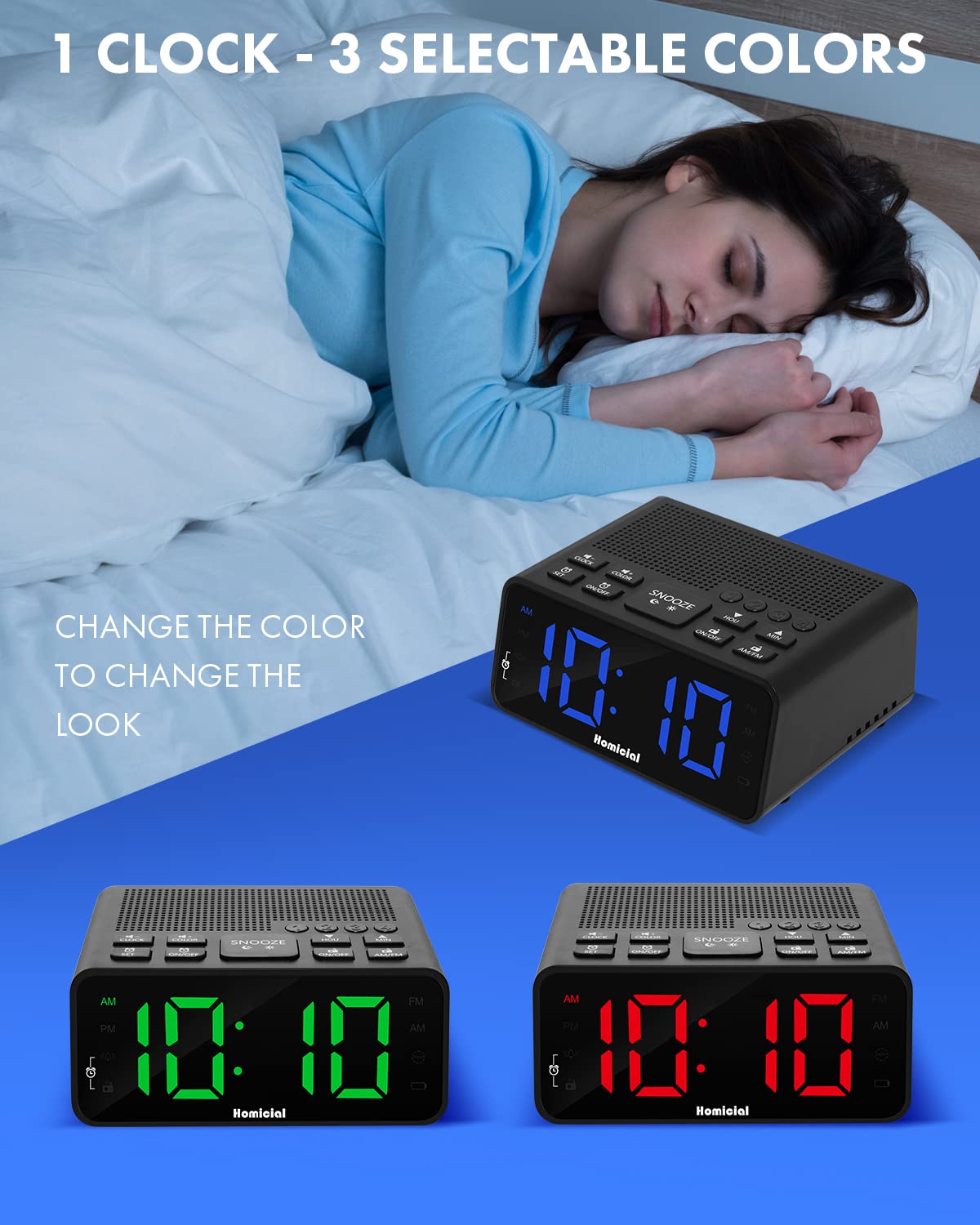 Homicial Digital Alarm Clock Radio with AM/FM Radio, Multi-Colors 1.4” LED Digits, Preset, Sleep Timer and Clear Display with Dimmer for Bedroom Bedside, Battery/Plug-in Powered