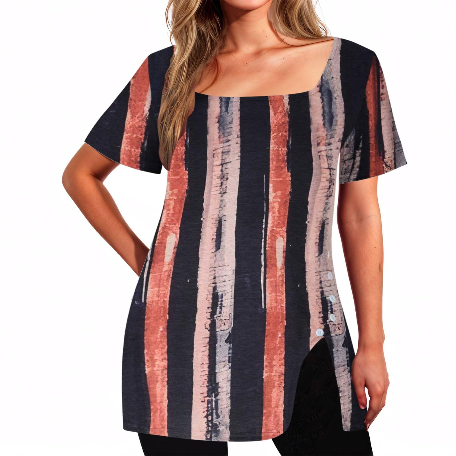 Square Neck Tops for Womens Dressy Tunic Tshirts Retro Floral Graphic Tees Summer Fashion Ladies Short Sleeve Blouse