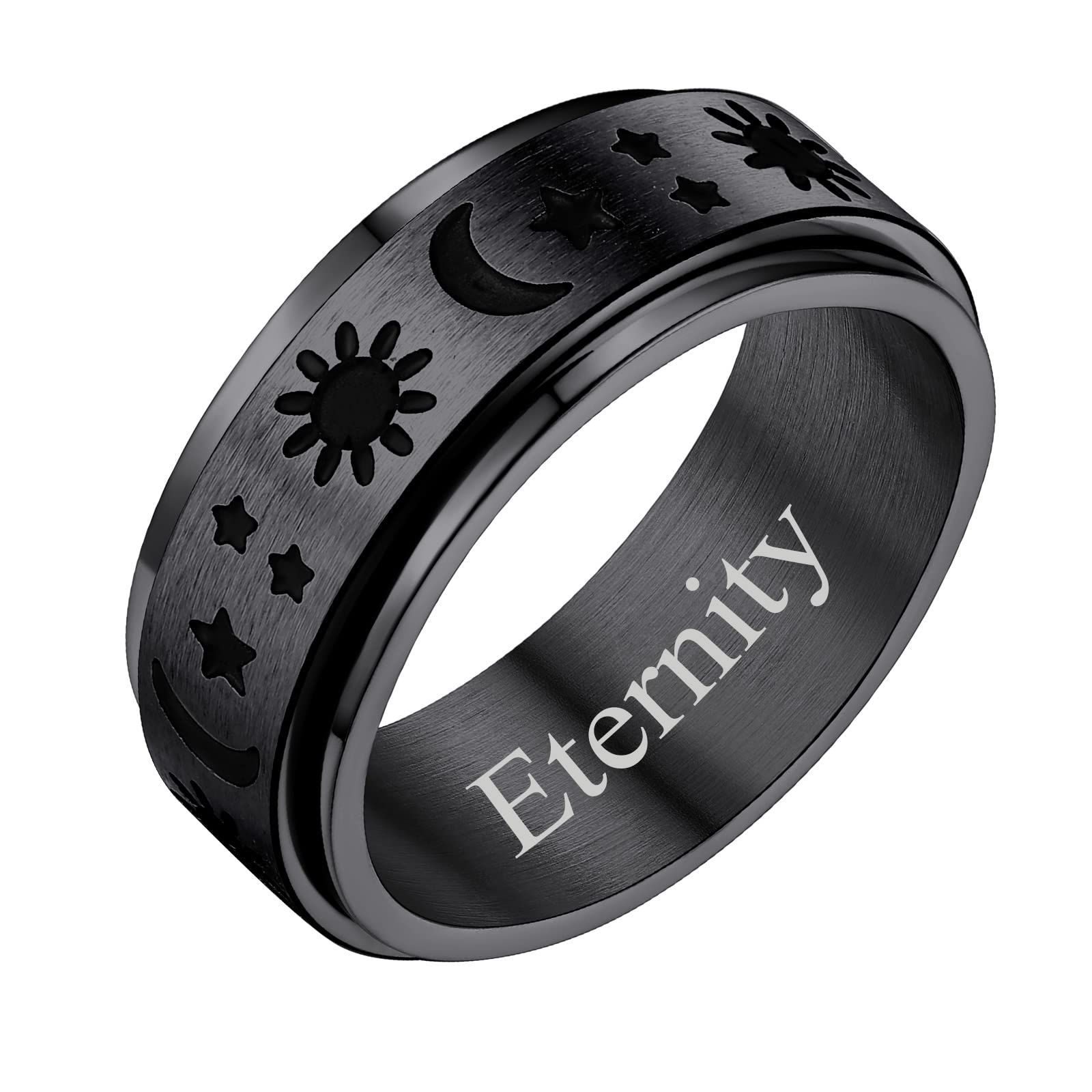 Customized Black Moon and Star Sun Spinner Rings for Men Stainless Steel Fidget Rings for Anxiety Stress Relief Band Ring Size 12