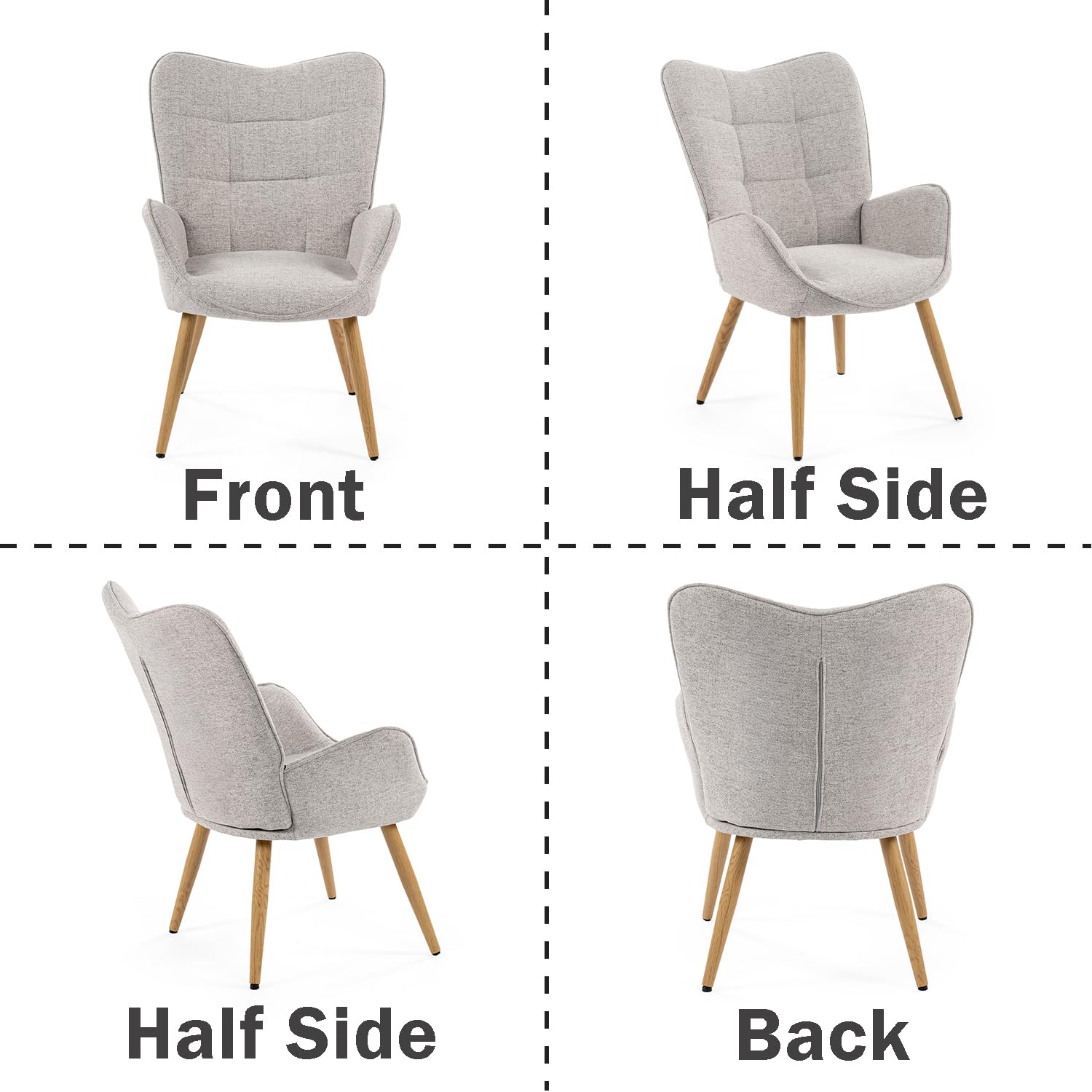 MEUBLE COSY Fotel do salonu krzesło akcentujące z wysokim oparciem skrzydła i wyściełanymi podłokietnikami, drewniane nogi, pojedyncza sofa do czytania sypialni, tkanina, szary