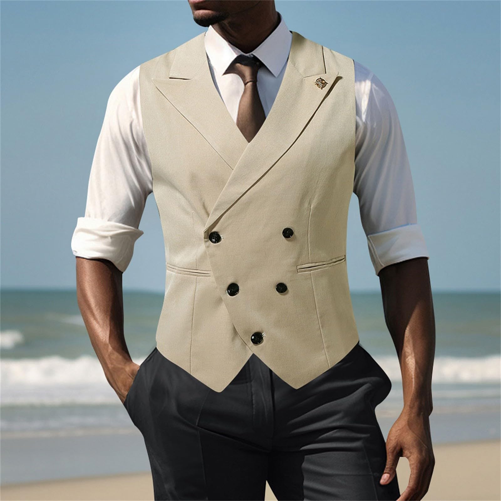 Gilet estivo da uomo, leggero, beige, in pelle, marrone | Gilet trapuntato da esterno con tasche, da corsa, da cowboy, in pelle scamosciata