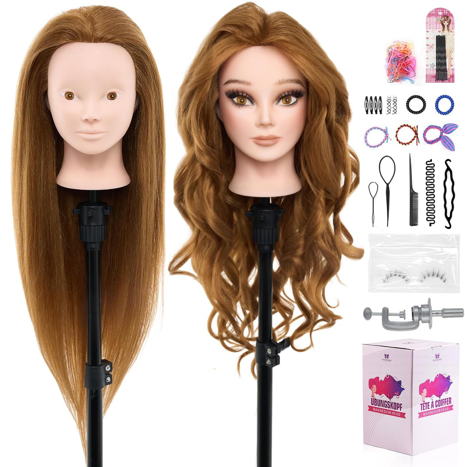 28" mannequin head human hair set of 2 - 80% real hair mannequin head for makeup practice, cosmetology manikin doll head for hair styling, hairdressing training head for braiding #27