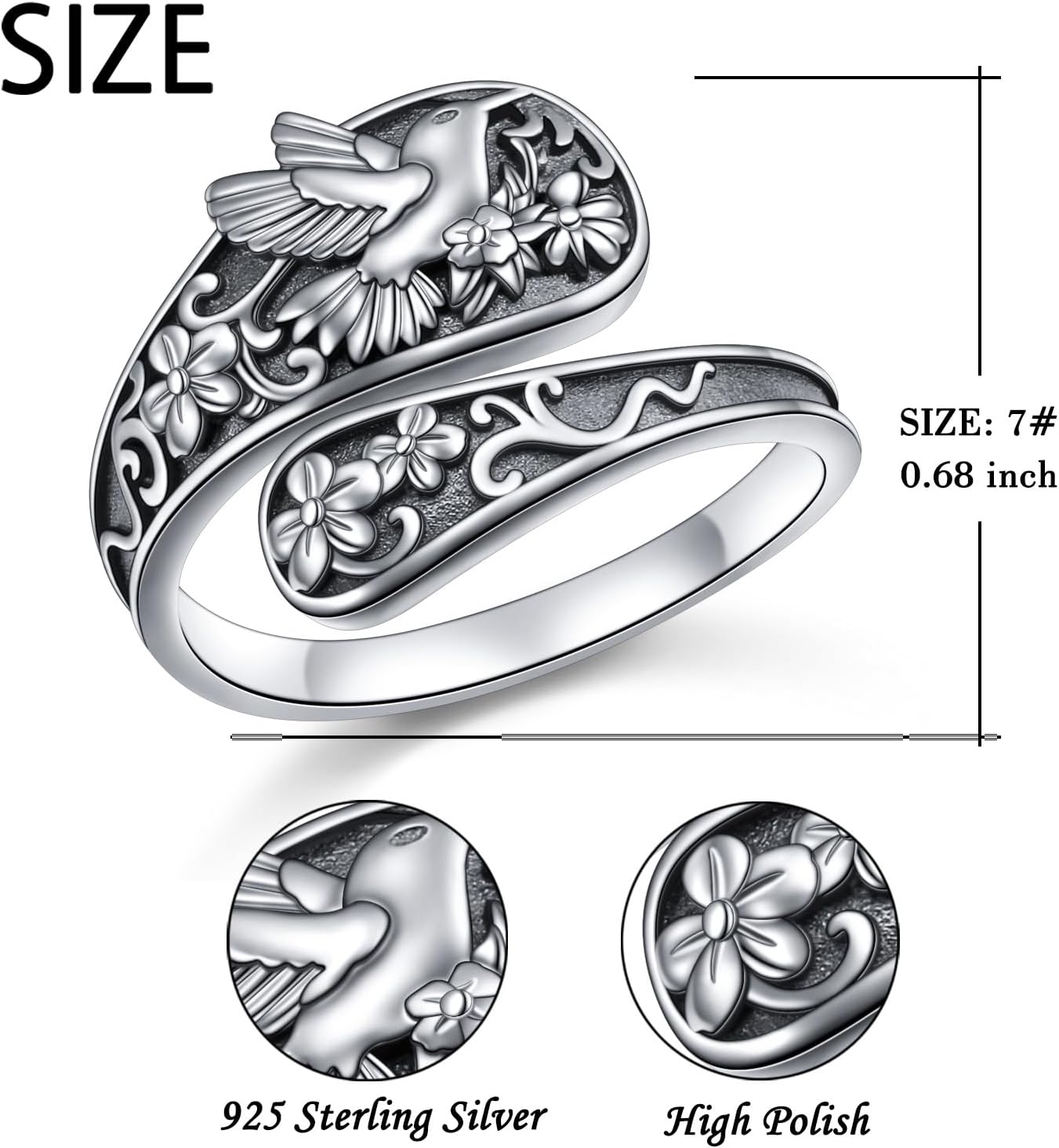 925 Sterling Silver Hummingbird/Sunflower Turquoise/Moonstone/Lily of the Valley Flower Spoon Ring Adjustable Open Ring Statement Thumb Ring Jewelry for Women