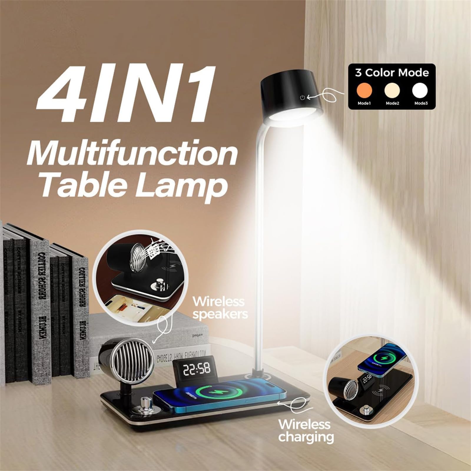 LED Lámparas de Mesita 15W Inalámbrica Cargador Lámpara de Mesa con 3 Modos de Color Táctil Regulable Lámpara de Noche con Bluetooth Altavoz & Reloj Iluminación de Mesa Rotación para Estudio (Blanco)