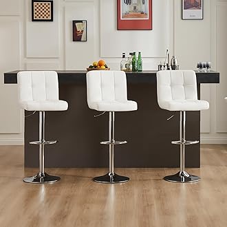 Sweetcrispy Bar Stools Set of 6, Armless PU Leather Adjustable Swivel Barstools, Hydraulic Kitchen Counter Height Thickened Seat Cushion Square Island Countertop Chairs with Back, White