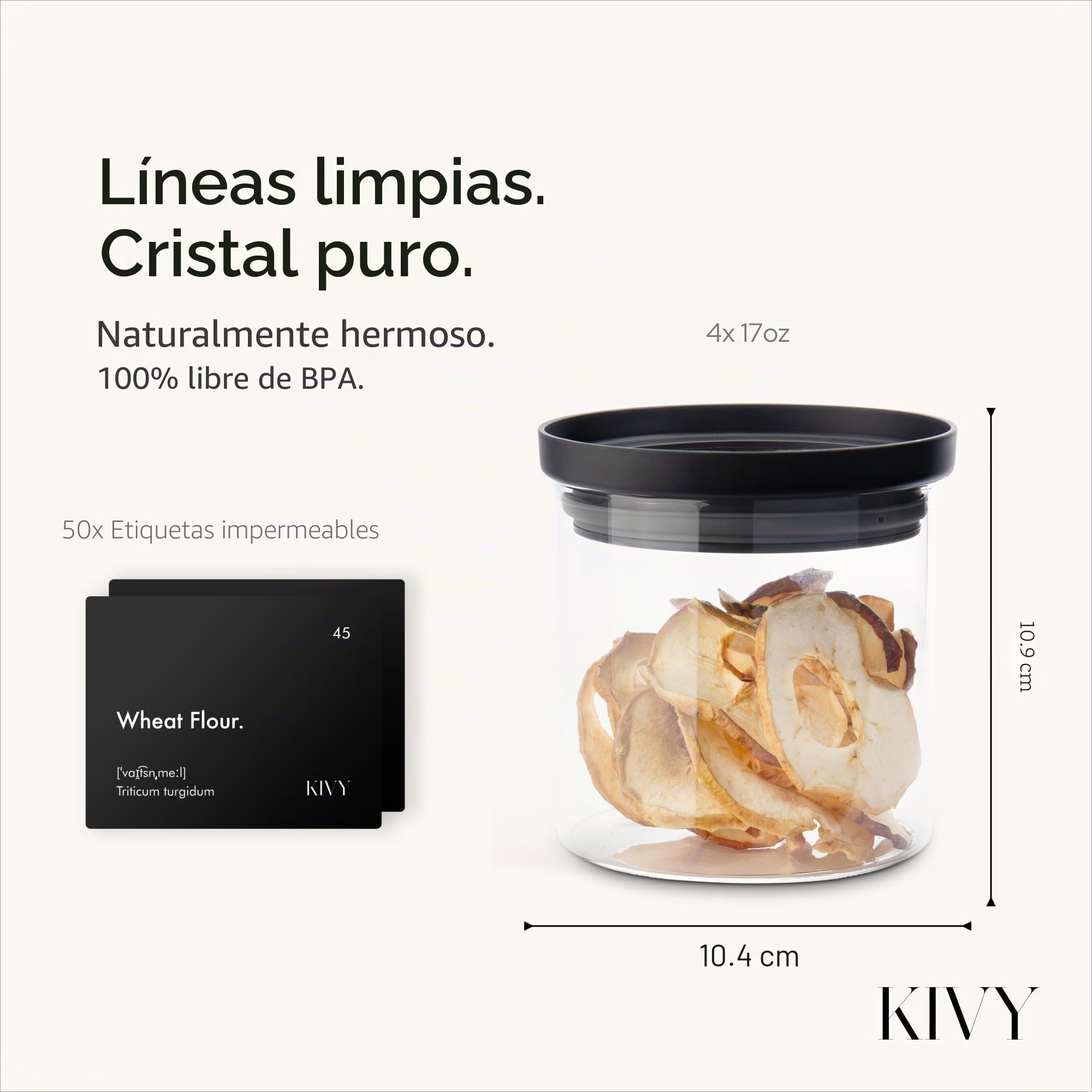 KIVY Tarros de almacenamiento de vidrio con tapa de vidrio transparente (4 * 17 onzas) - Diseño apilable - Apto para lavavajillas