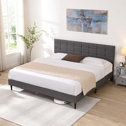 Miniatura 11 de Base de cama de plataforma tamaño King con cabecera tapizada de tela y listones de madera, no necesita somier, fácil montaje para niños, niñas,