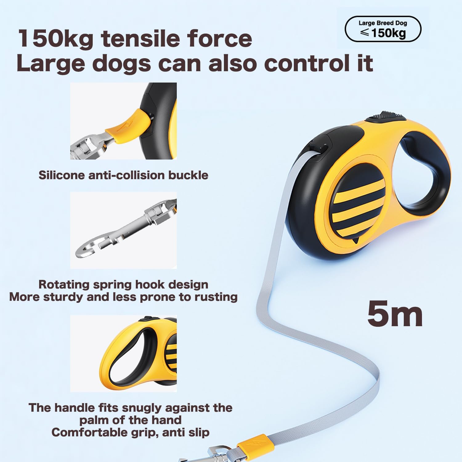 Retractable Dog Leash with Rechargeable LED Light, 16ft Dog Walk Leash for Small Medium and Large Dogs, Dog Retractable Leash with Strong Nylon Tape One-Button Control (Yellow)