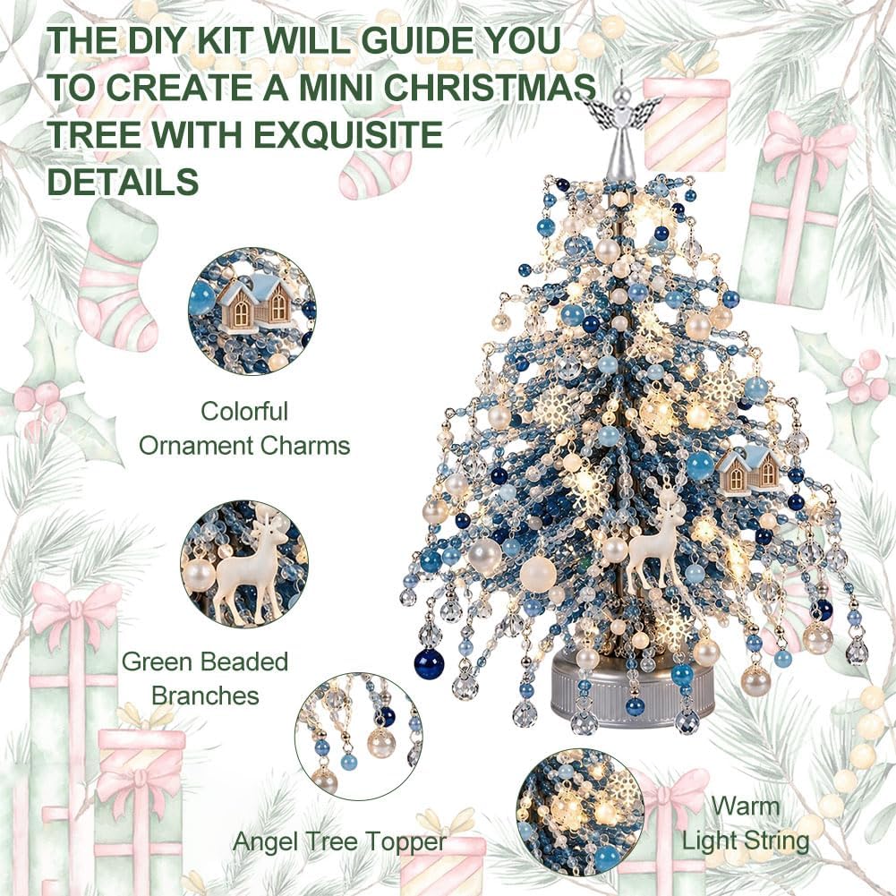 2027 Upgraded DIY Beaded Christmas Tree Kit with Lights, Handmade Mini Desk Xmas Bead Art, 3D Crystal Bead Christmas Tree Making Kit, Tabletop Christmas Decoration, Christmas Gift for Family, Blue