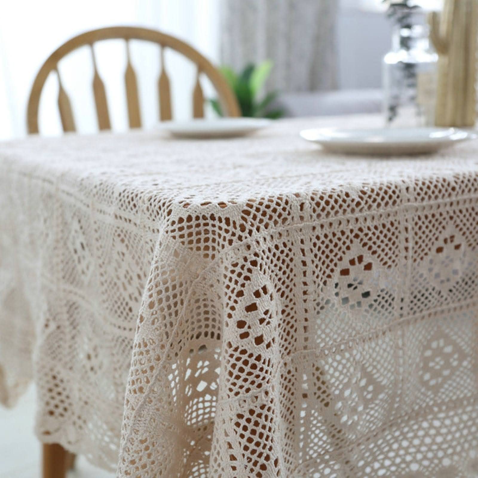 Juego de mantel grande de algodón, 180 x 180 cm, diseño de flores huecas de encaje, desechable, protector de mesa para exteriores, decoración de mesa con clips para fiestas y eventos