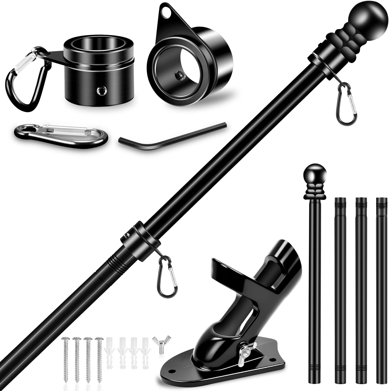 - 5 FT House Flag Pole Kit, 1" Spinning Thicken Stainless Steel Metal Flagpoles for Outside House Porch Post Wall Mount with 2-Position Flagpole Holder Bracket & 360° Flag Ring for 3x5 Flag(5 FT, Black)