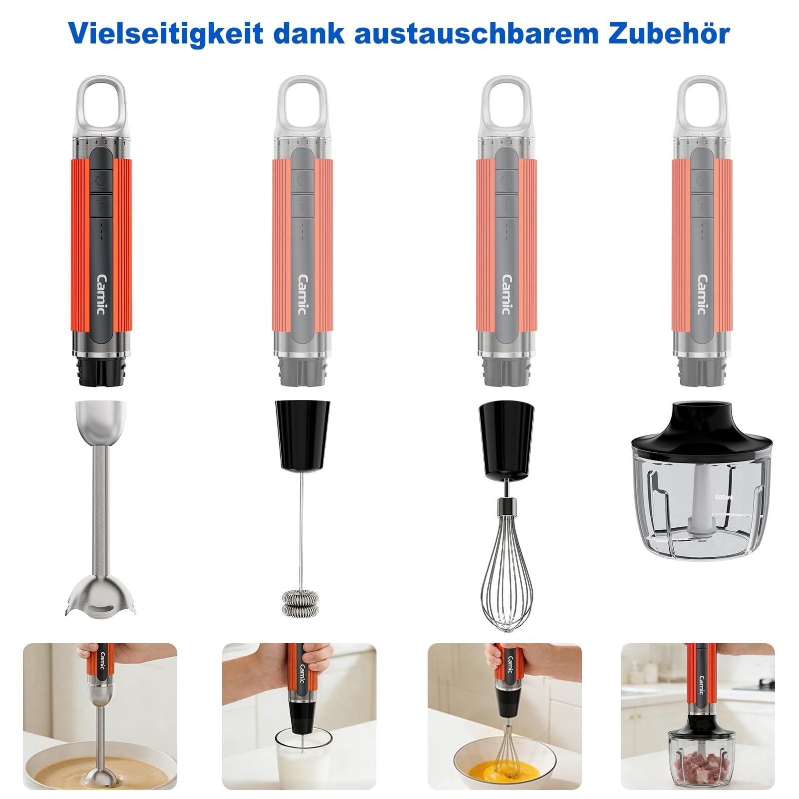 Camic 4-in-1 Stabmixer, Kabelloses Elektrische Stabmixer mit 6-Stufiger + Turbo, Inklusive Edelstahl-Mixfuß, Schneebesen, Milchaufschäumer und 500ml Lebensmittelhacker für Suppen und Milchshake