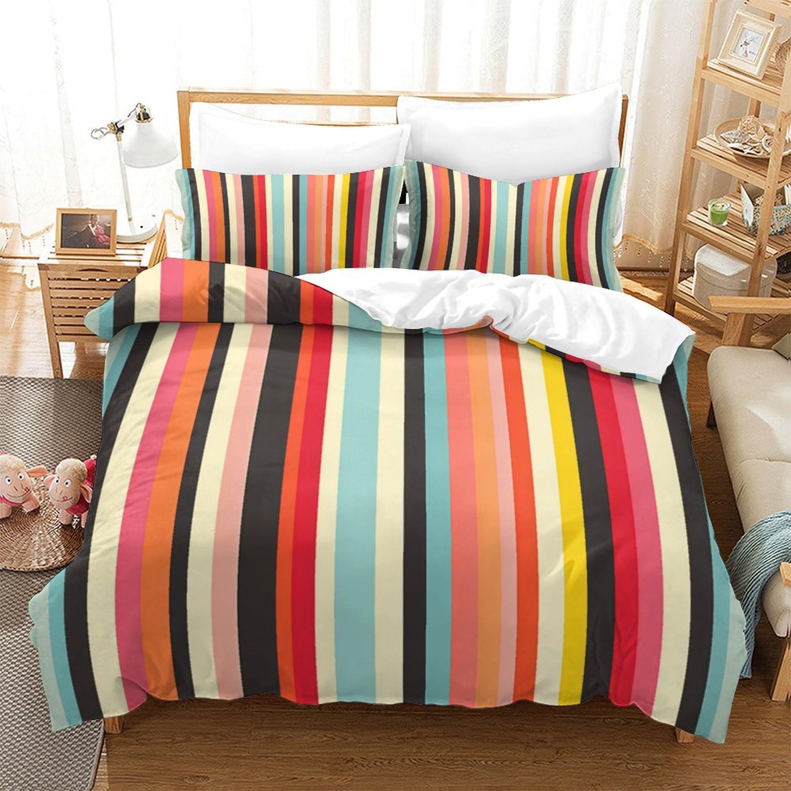 P1S9U7W5Y Vivid Stripe 3D Printed Microfiber Duvet Cover Set 3pcs Colourful Stripes Bedding Set Super king（260x220cm）