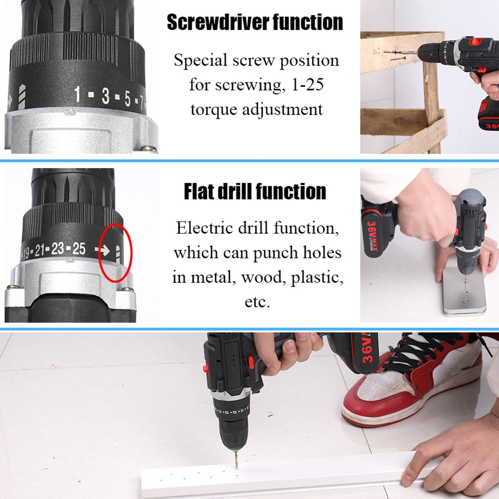 Perceuse à Percussion électrique 36V - Perceuse électrique sans Fil 2 en 1 avec 2 Batteries Lithium-ION et lumière LED, kit de perceuse-visseuse compacte à 2 Vitesses pour Maison et Bricolage Black