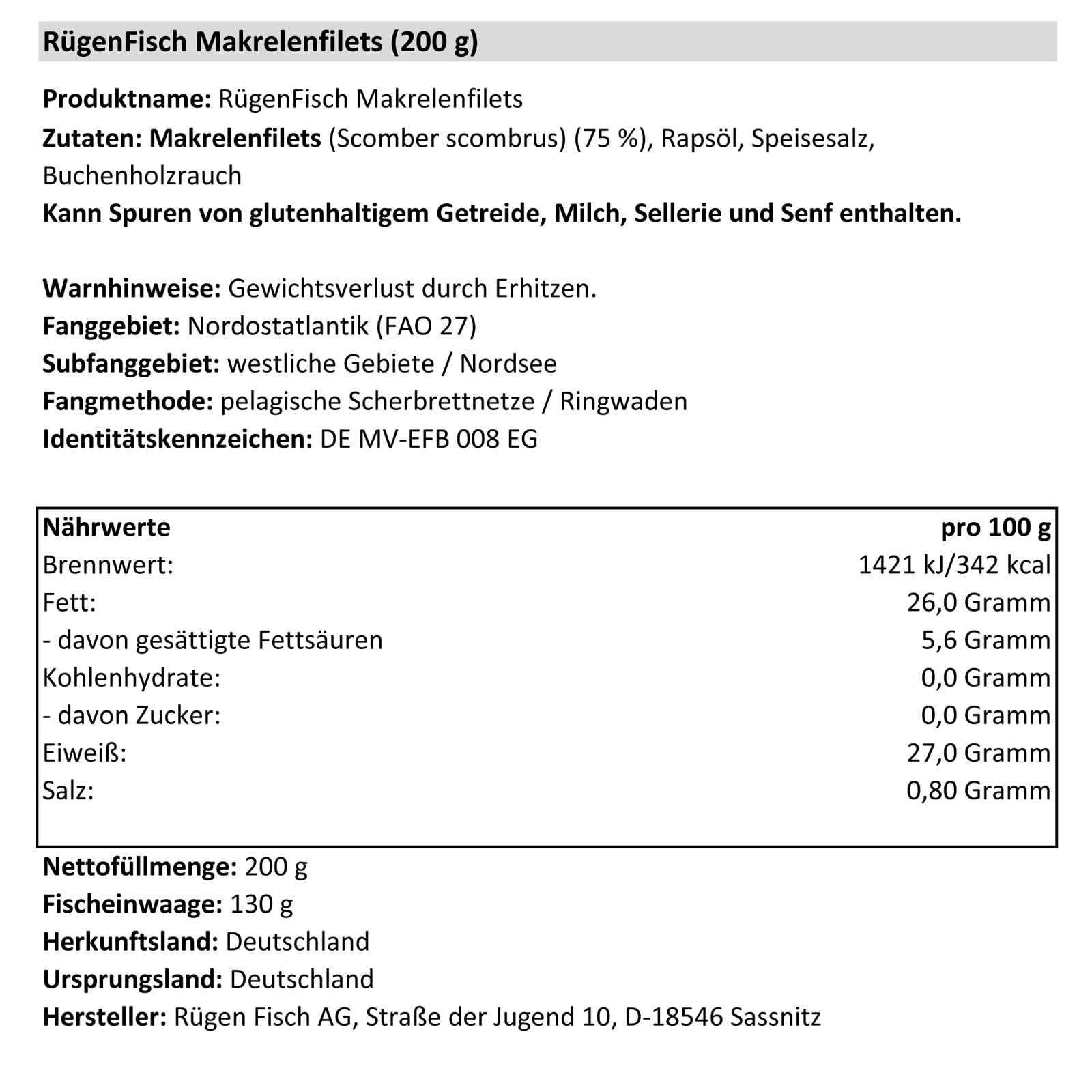 6er Pack Rügen Fisch Makrelenfilets in Öl (6 x 200 g)