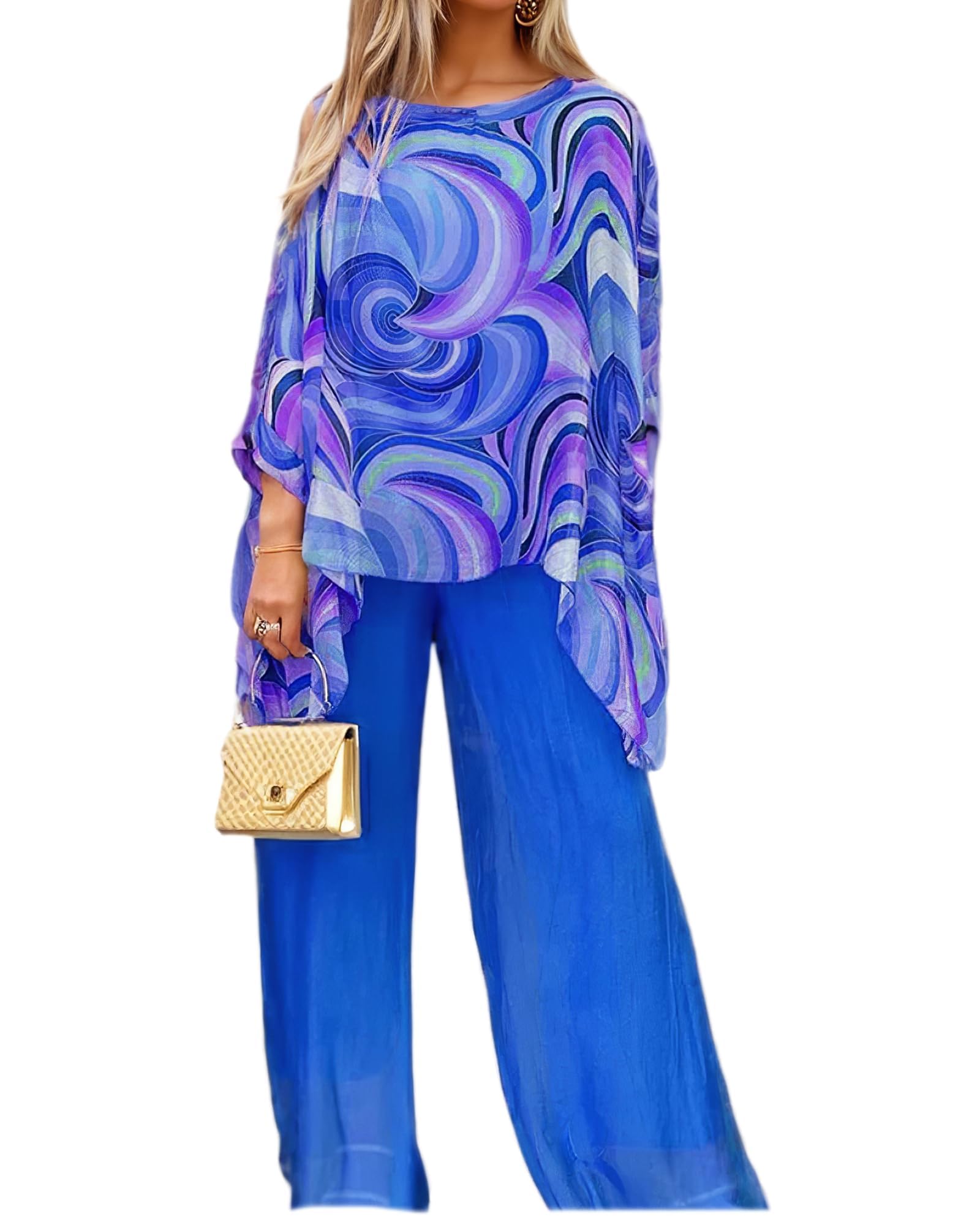 Ensemble 2 pièces en mousseline de soie de peinture à l'huile colorée pour femmes costumes-pantalons à jambes larges pour invités de mariage élégants tenues de cocktail