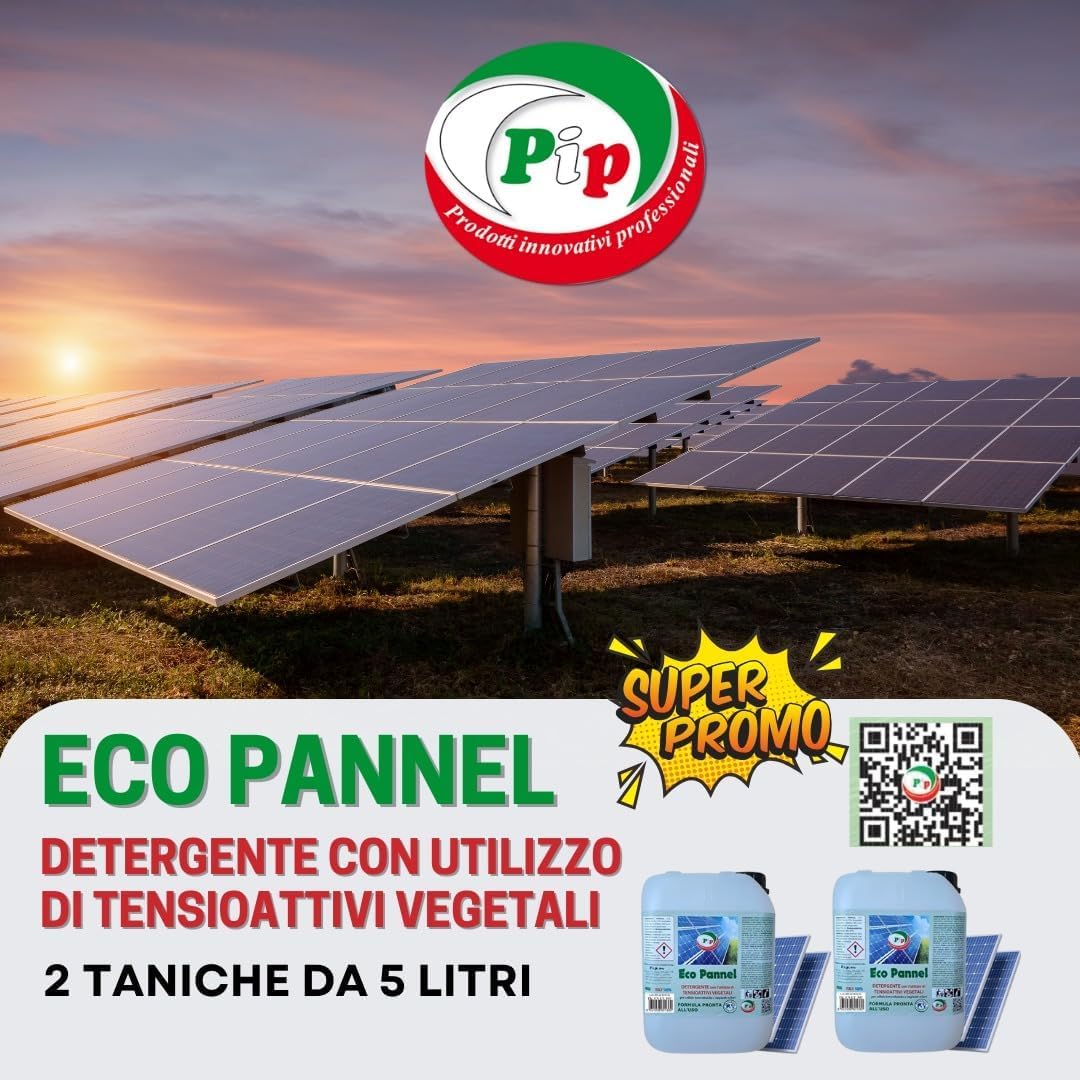 PIP Eco Pannel, Detergente Antistatico per Pannelli Fotovoltaici Pronto all'Uso 10 Litri, Made in Italy - Pulizia Pannelli Solari Vegetale ed Ecologico, Non Richiede Raccolta Acqua – Fino a 100 m²