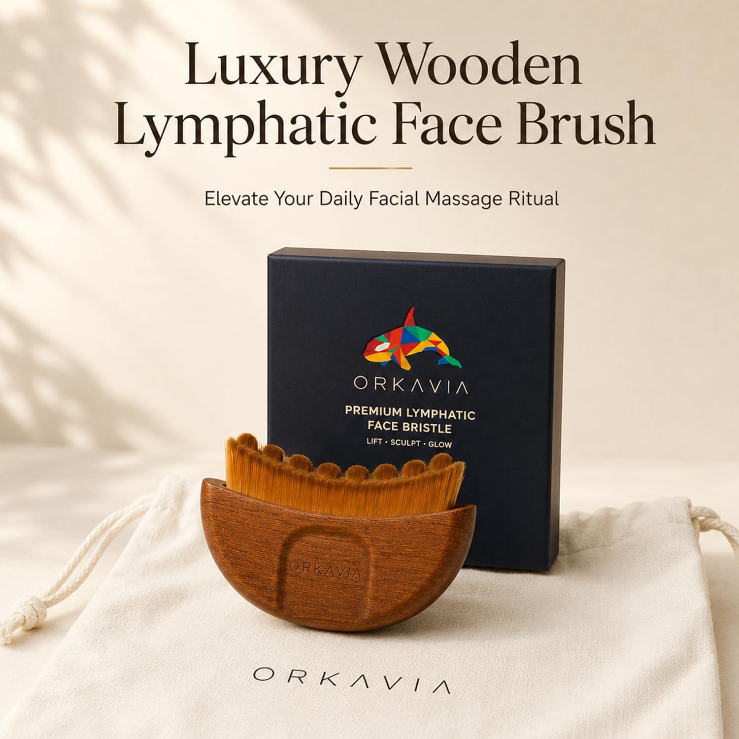 Lymphatic Drainage Face Brush Wooden Handle, Facial Sculpting Massage Brush for Face Neck & Chin, Soft Bristle Dry Brushing Tool for Depuffing, Contouring & Skin Glow