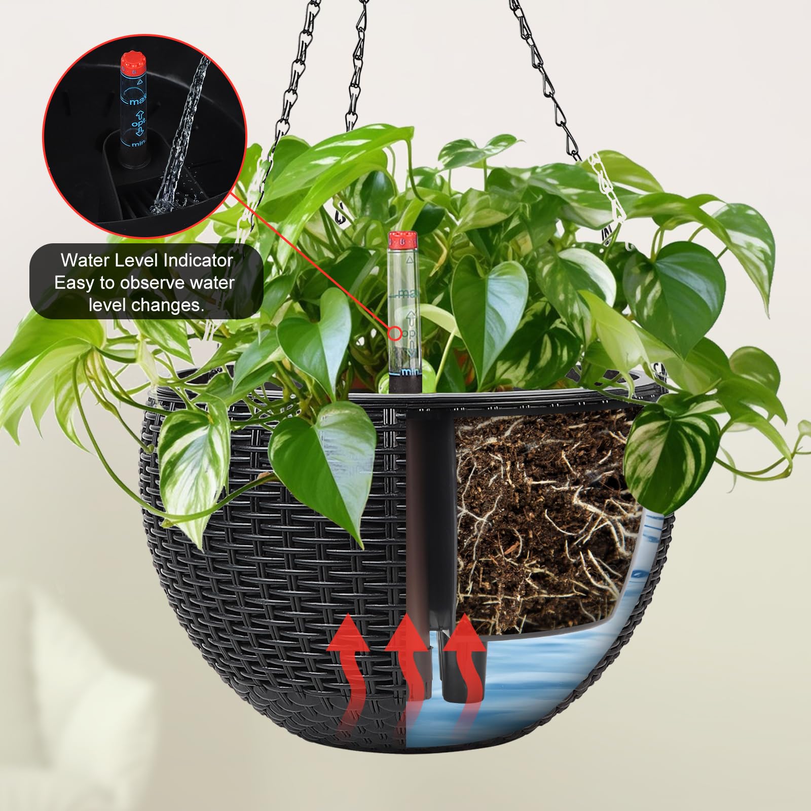 CPROSP 2pcs 28cm Vasi da Fiori Autoinnaffianti, Vasi da Fiori Sospesi | Fioriera Sospesa per Esterni Auto-innaffiatura per Esterni, Soffitti, Balconi Nero Con Foro di Scarico e Catene Antiruggine