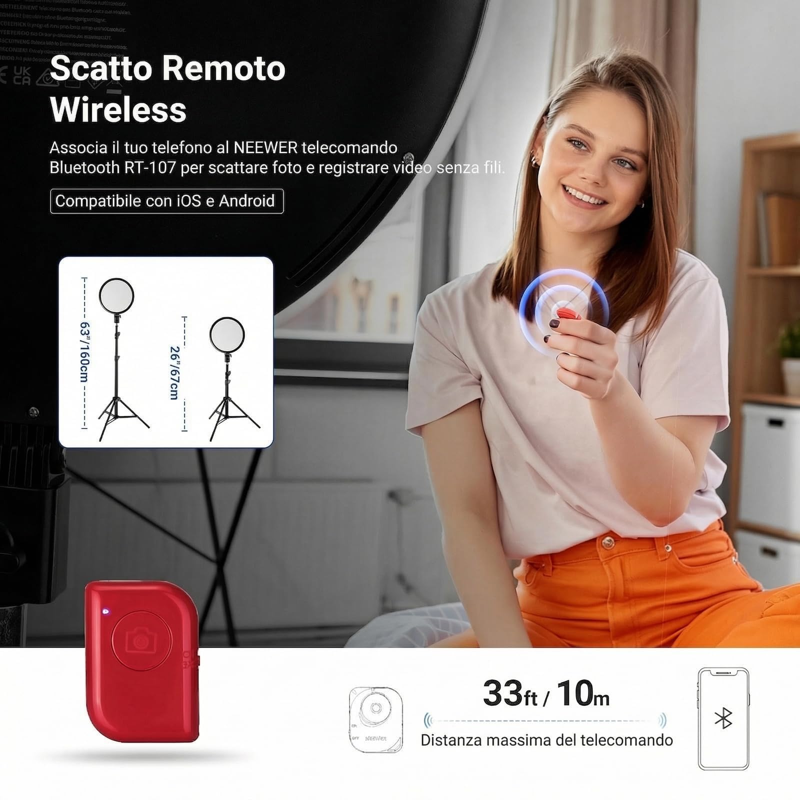 NEEWER BASICS Ring Light 10" con Treppiede 63”/Porta Telefono/Telecomando Compatibile con iPhone, Luce LED Bicolore Edge Lit a Schermo Intero 15W CRI95+ per Riprese Video Selfie Streaming Trucco, R10L