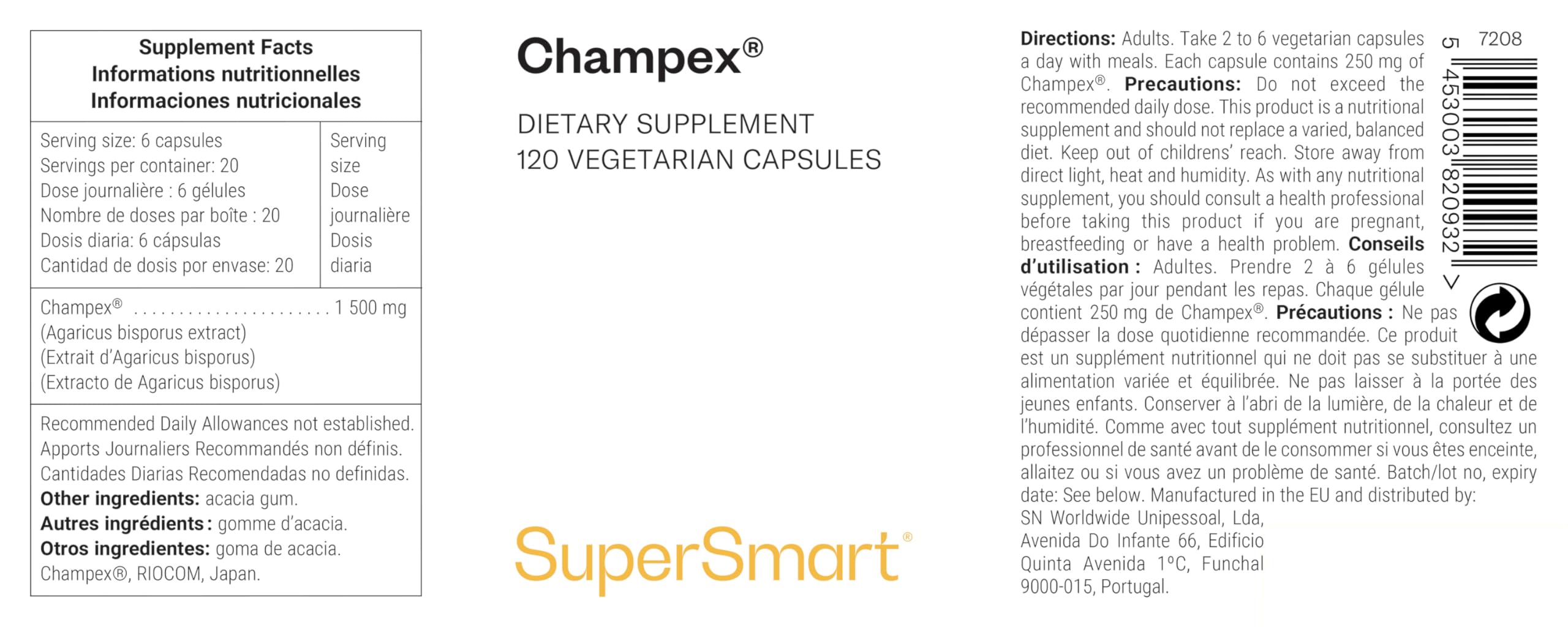 Champex - Reducir el Mal Aliento y el Olor Corporal - Vegano - SuperSmart | Para la Halitosis y el Mal Aliento Estomacal - Purifica sus Intestinos - Extracto de Agaricus Bisporus - Sin Gluten