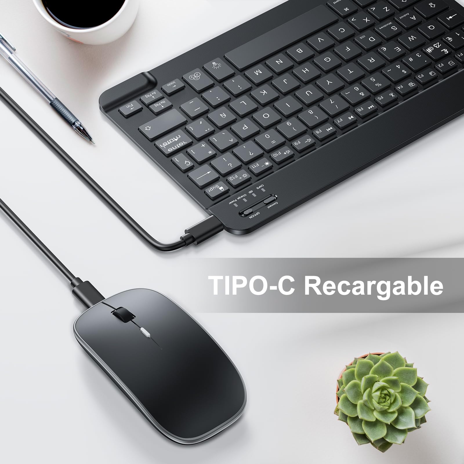TECURS Set Tastiera e Mouse Wireless Bluetooth, Tastiera e Mouse Portatile Sottile Silenziosa Ricaricabile Retroilluminata per iPad Tablet/PC/iOS/Android/Windows (ES Layout - QWERTY)