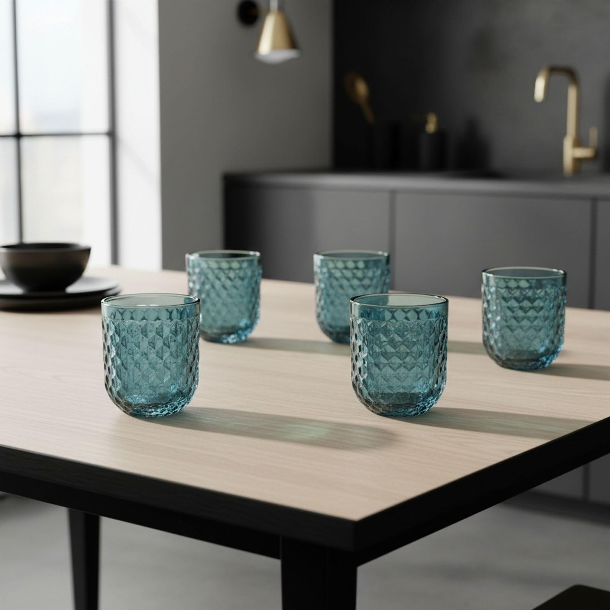 INDE SANTA CLARA | Set 6 Vasos de Cristal Agua 270cc Orbel Azul, Vasos Agua de Vidrio Relieve Azul, Aptos Lavavajillas y Microondas