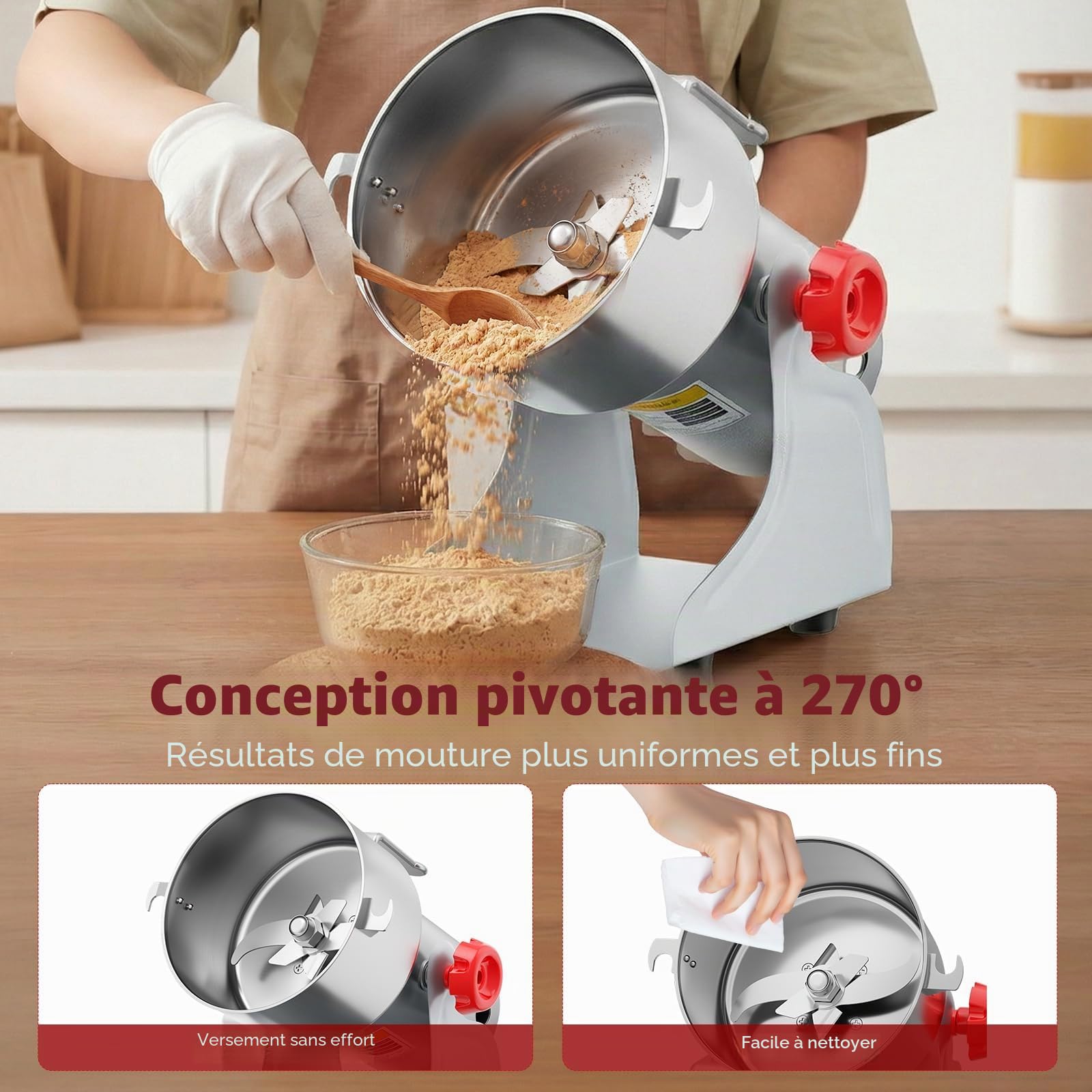 Moulin à grains portable 220 V, broyage par secousses, meuleuse haute vitesse pour poudre, détection d'ouverture du couvercle, pour herbes/épices/noix/céréales, protection contre surcharge (500g)